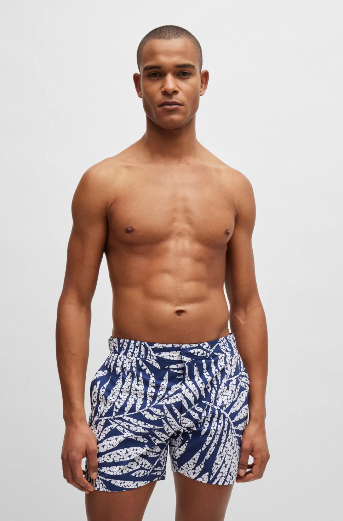 HUGO BOSS Helforede Badeshorts I Hurtigtørrende Stof Med Print Mørkeblå New