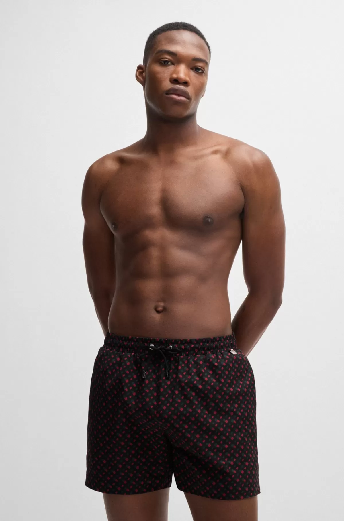 HUGO BOSS Helforede Og Hurtigtørrende Badeshorts Med Monogramprint Mørkerød Store