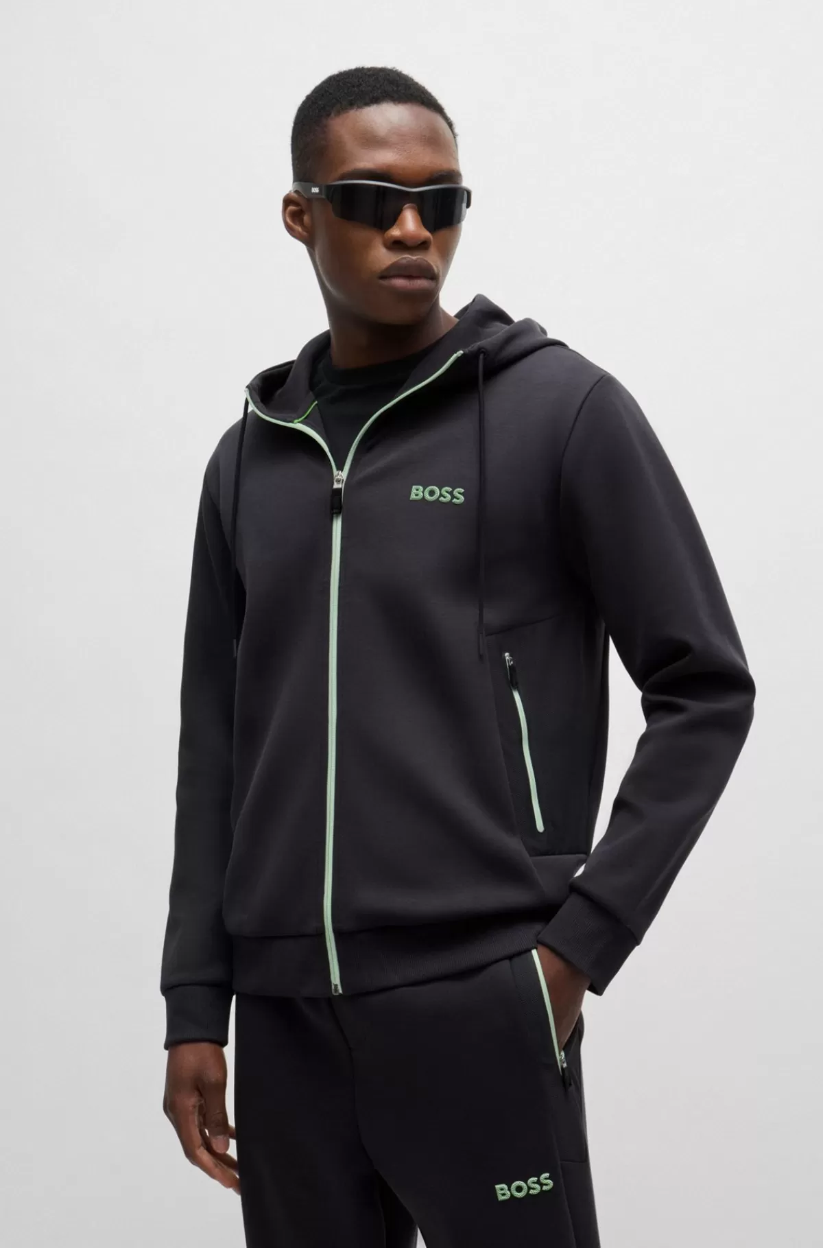 HUGO BOSS Hættetrøje Bomuldsblanding Med Lynlås Og 3D-støbt Logo Mørkegrå Hot