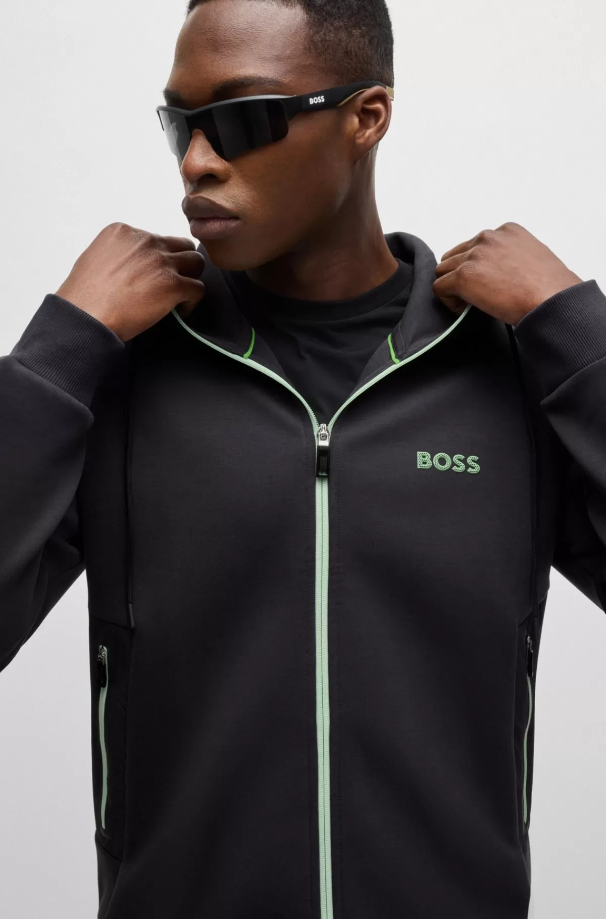 HUGO BOSS Hættetrøje Bomuldsblanding Med Lynlås Og 3D-støbt Logo Mørkegrå Hot