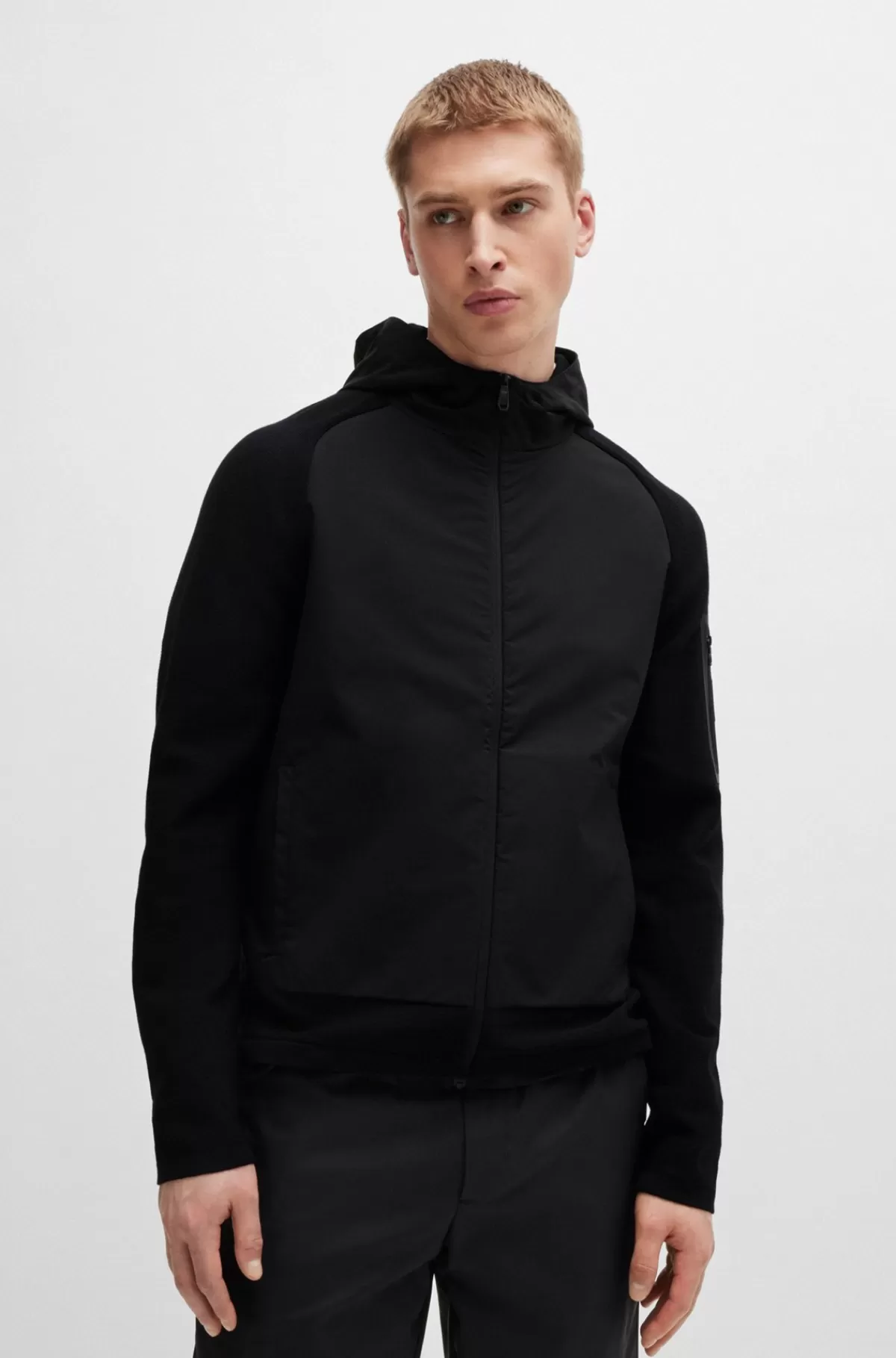 HUGO BOSS Hættetrøje I Blandede Materialer Med Lynlås Og Signaturmønster Sort Sale