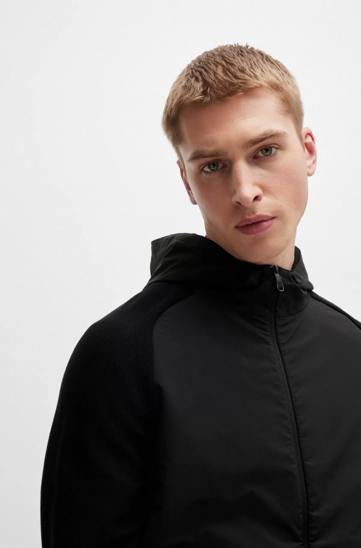 HUGO BOSS Hættetrøje I Blandede Materialer Med Lynlås Og Signaturmønster Sort Sale