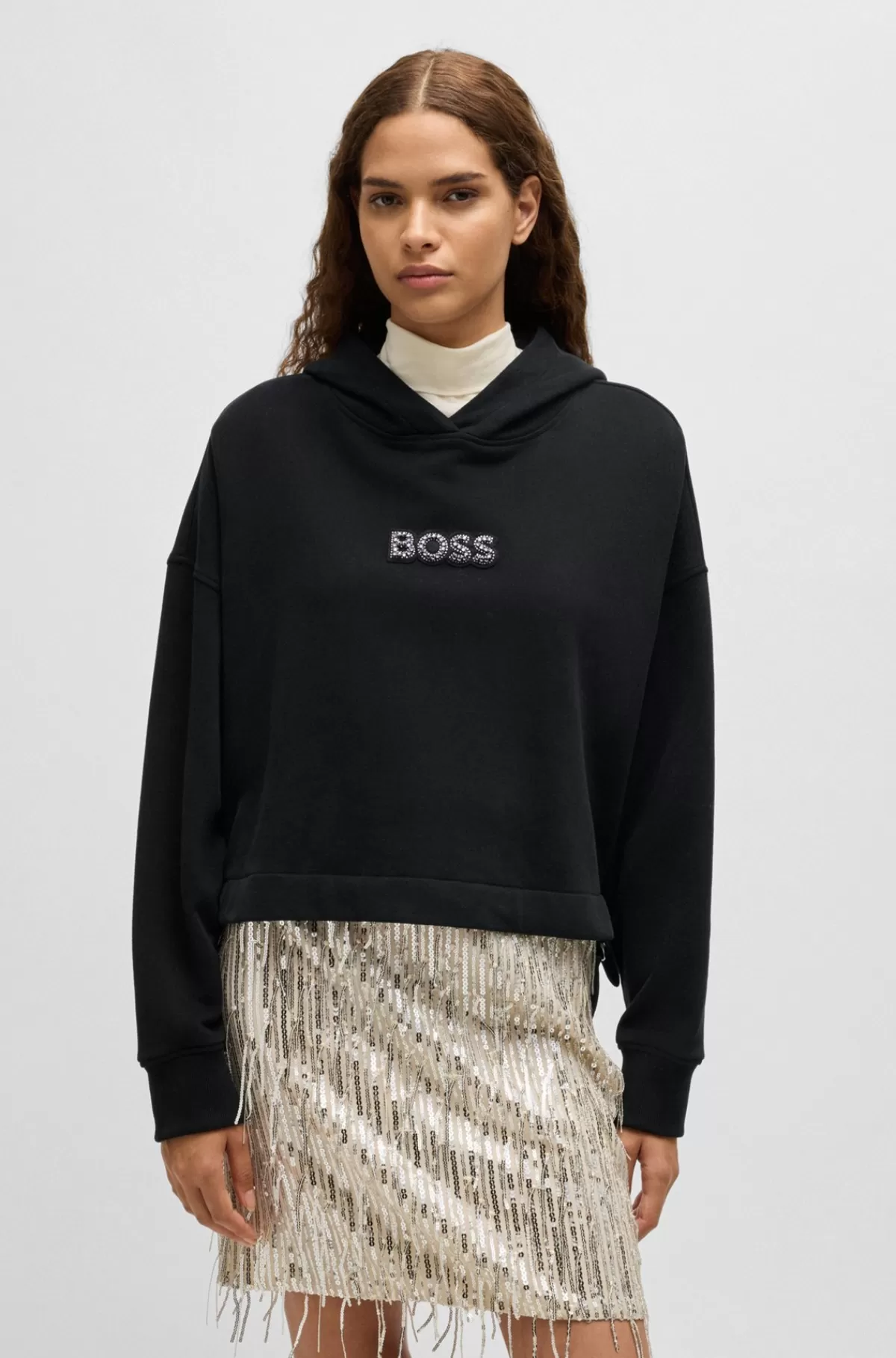 HUGO BOSS Hættetrøje I Bomuldsfrotté Med Krystalbesat Logo Sort Store