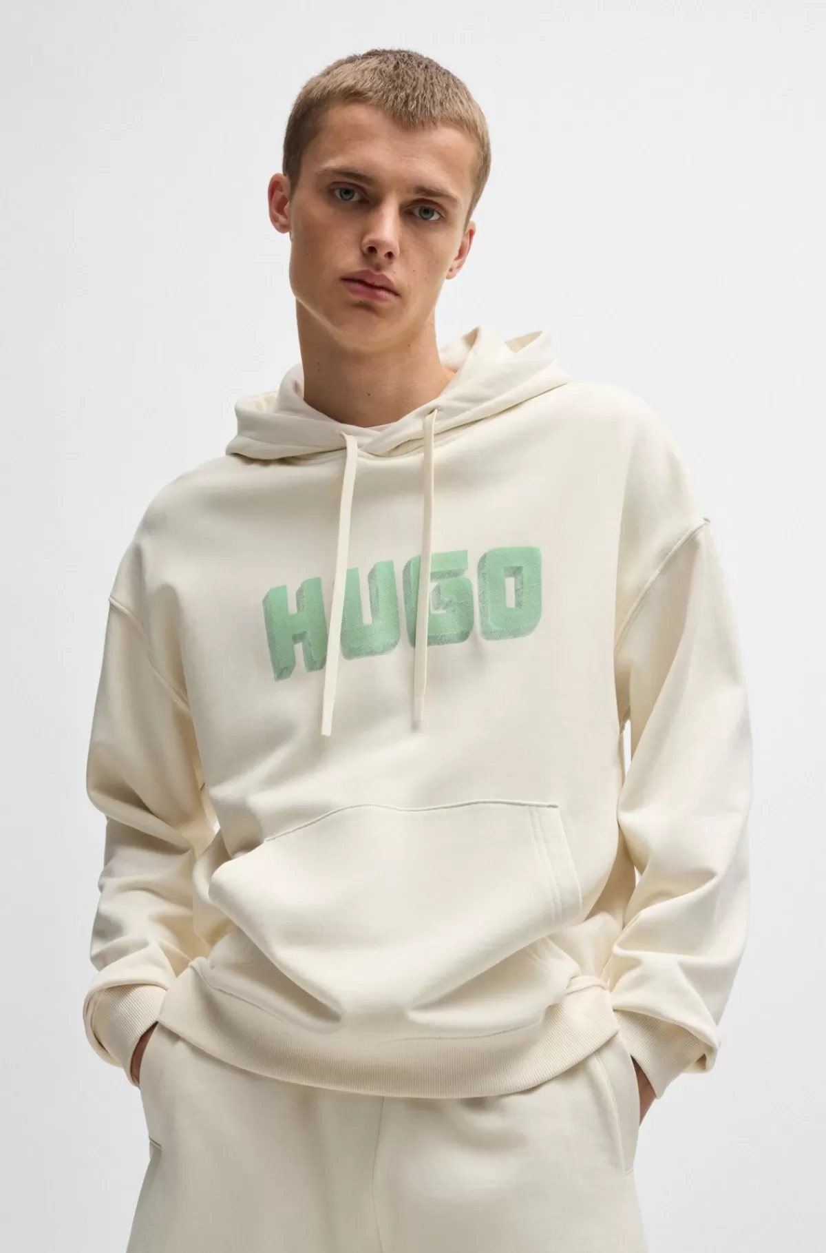HUGO BOSS Hættetrøje I Bomuldsfrotté Med Logoprint Naturlig Cheap