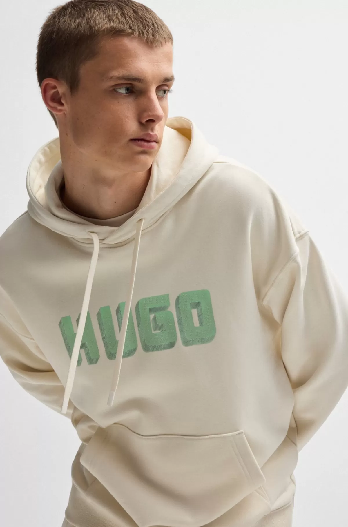 HUGO BOSS Hættetrøje I Bomuldsfrotté Med Logoprint Naturlig Cheap