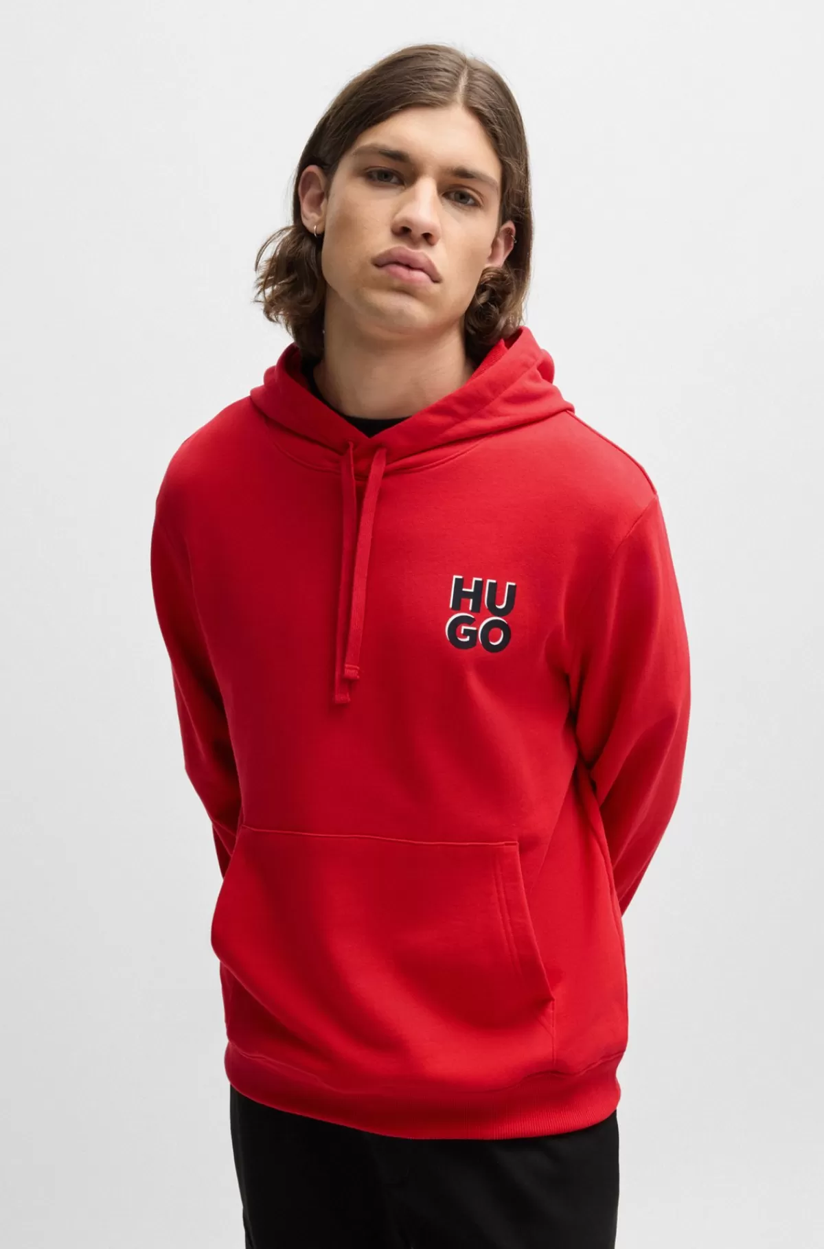 HUGO BOSS Hættetrøje I Bomuldsfrotté Med Stablet Logoprint Rød Hot