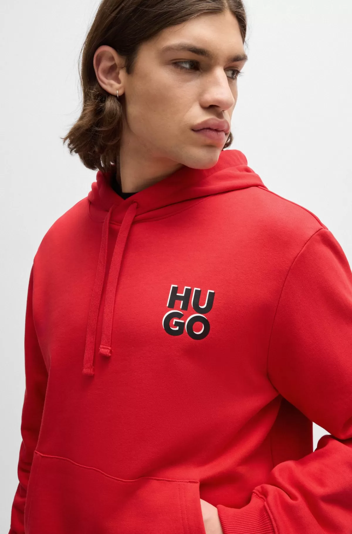 HUGO BOSS Hættetrøje I Bomuldsfrotté Med Stablet Logoprint Rød Hot