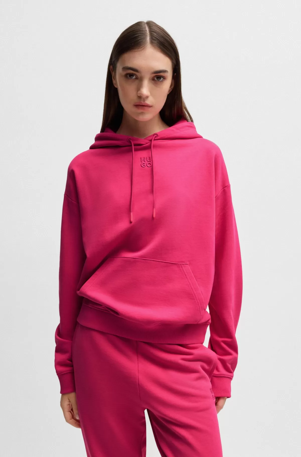 HUGO BOSS Hættetrøje I Bomuldsfrotte Med Stablet Logo Og Kængurulomme Mørk pink Clearance