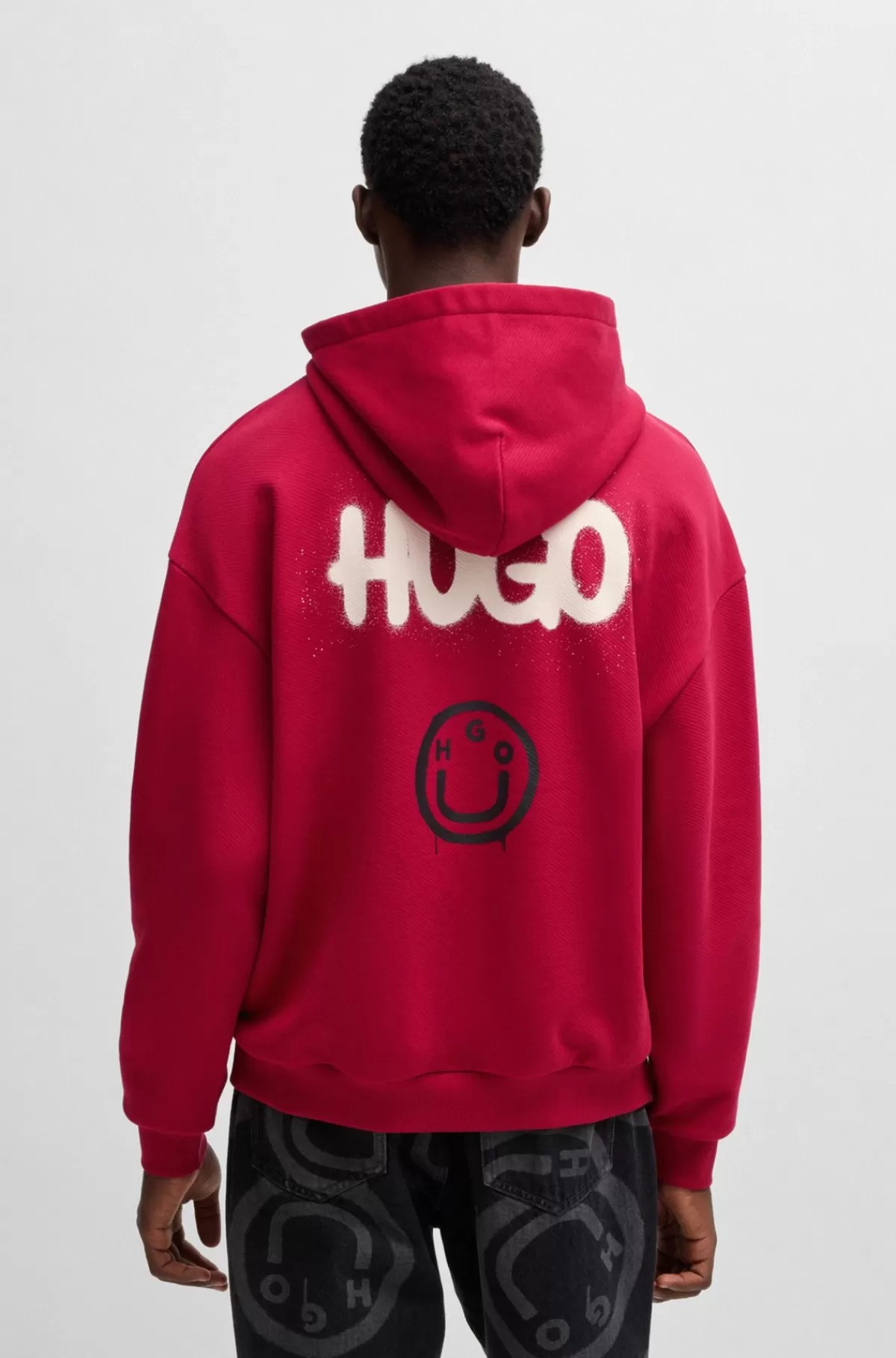 HUGO BOSS Hættetrøje I Sweatkvalitet Af Bomuld Med Smileylogo Mørkerød Discount