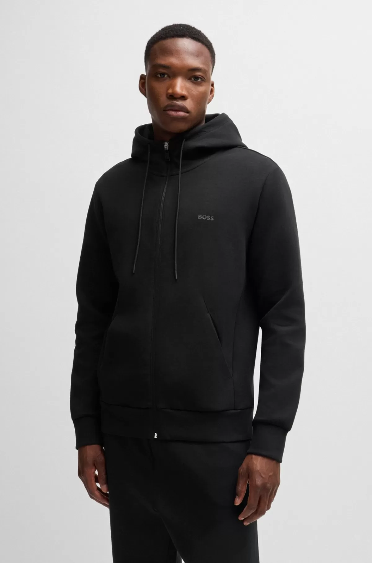 HUGO BOSS Hættetrøje Med Lynlås I Bomuld Med Stræk Og Logoprint Sort Sale