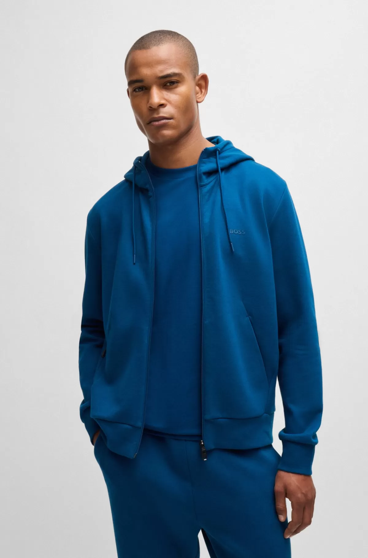 HUGO BOSS Hættetrøje Med Lynlås I Bomuld Med Stræk Og Logoprint Mørkeblå Online