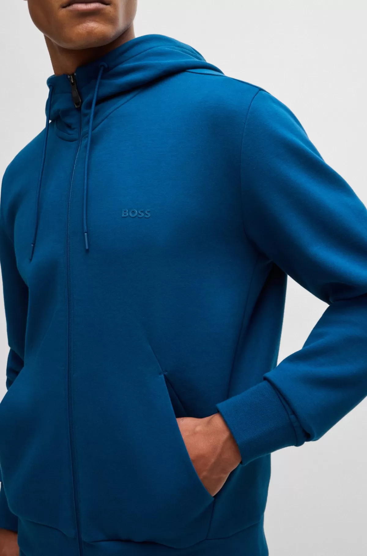 HUGO BOSS Hættetrøje Med Lynlås I Bomuld Med Stræk Og Logoprint Mørkeblå Online