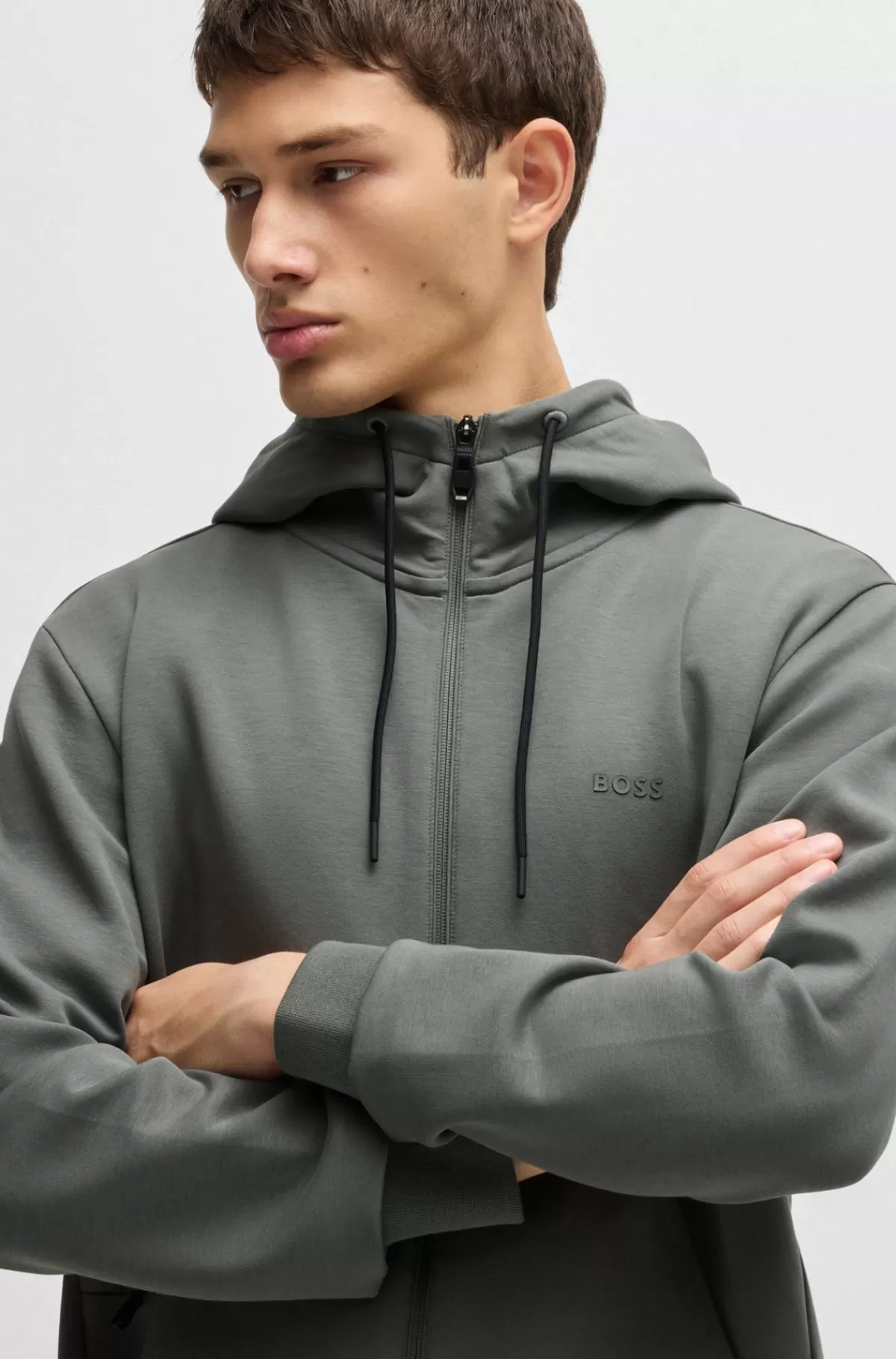 HUGO BOSS Hættetrøje Med Lynlås I Bomuld Med Stræk Og Logoprint Grå Hot