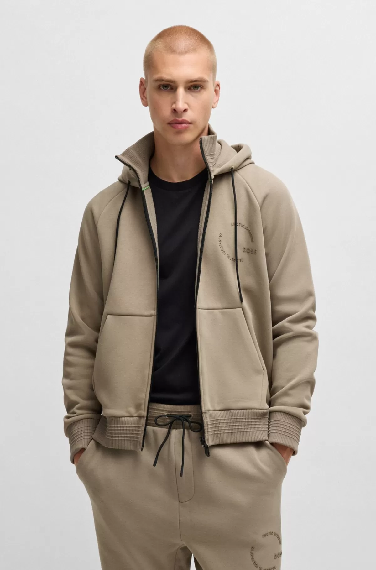 HUGO BOSS Hættetrøje Med Lynlås Og Relaxed Fit Samt Tone-i-tone Grafik Beige Fashion