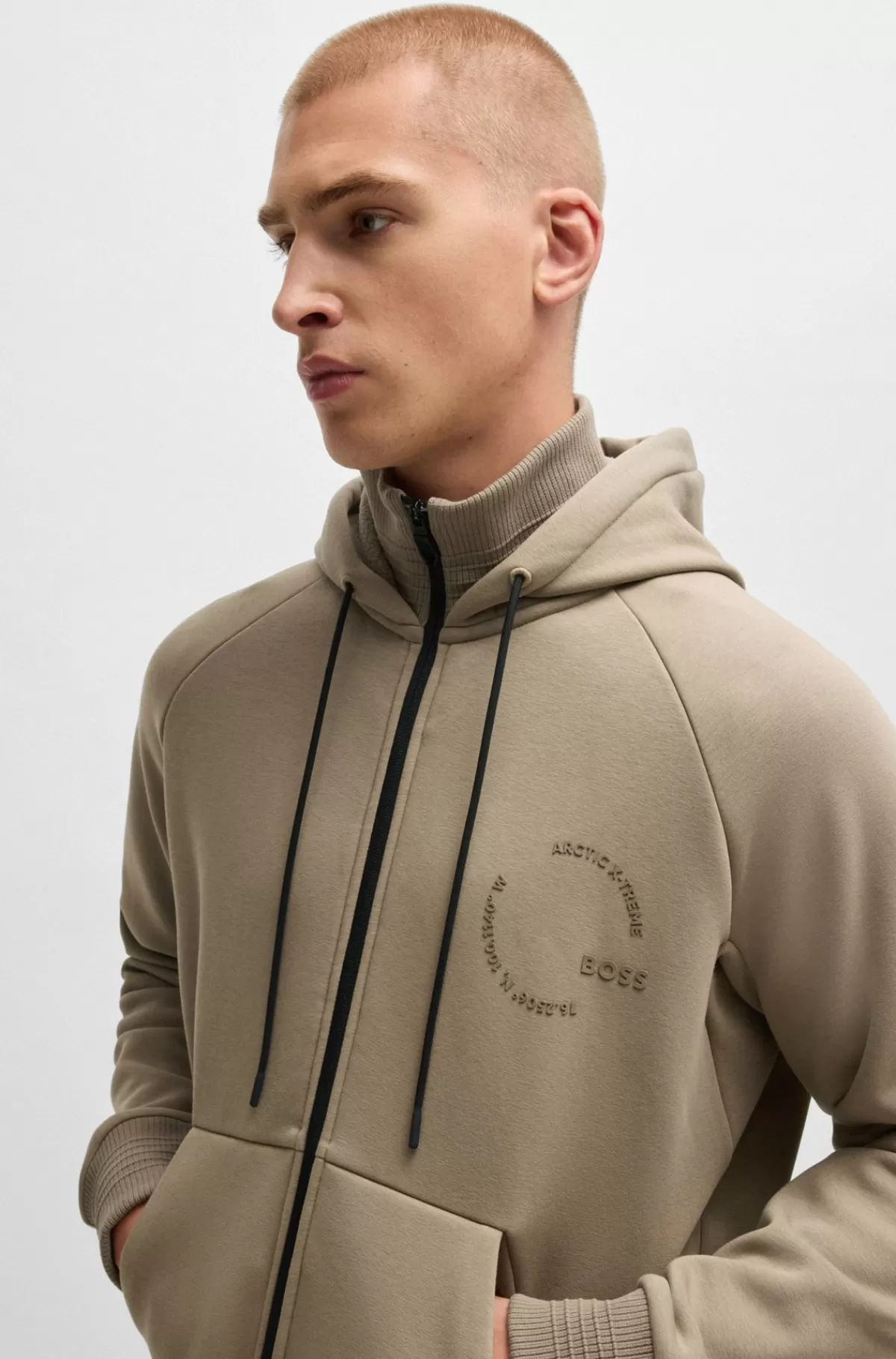 HUGO BOSS Hættetrøje Med Lynlås Og Relaxed Fit Samt Tone-i-tone Grafik Beige Fashion