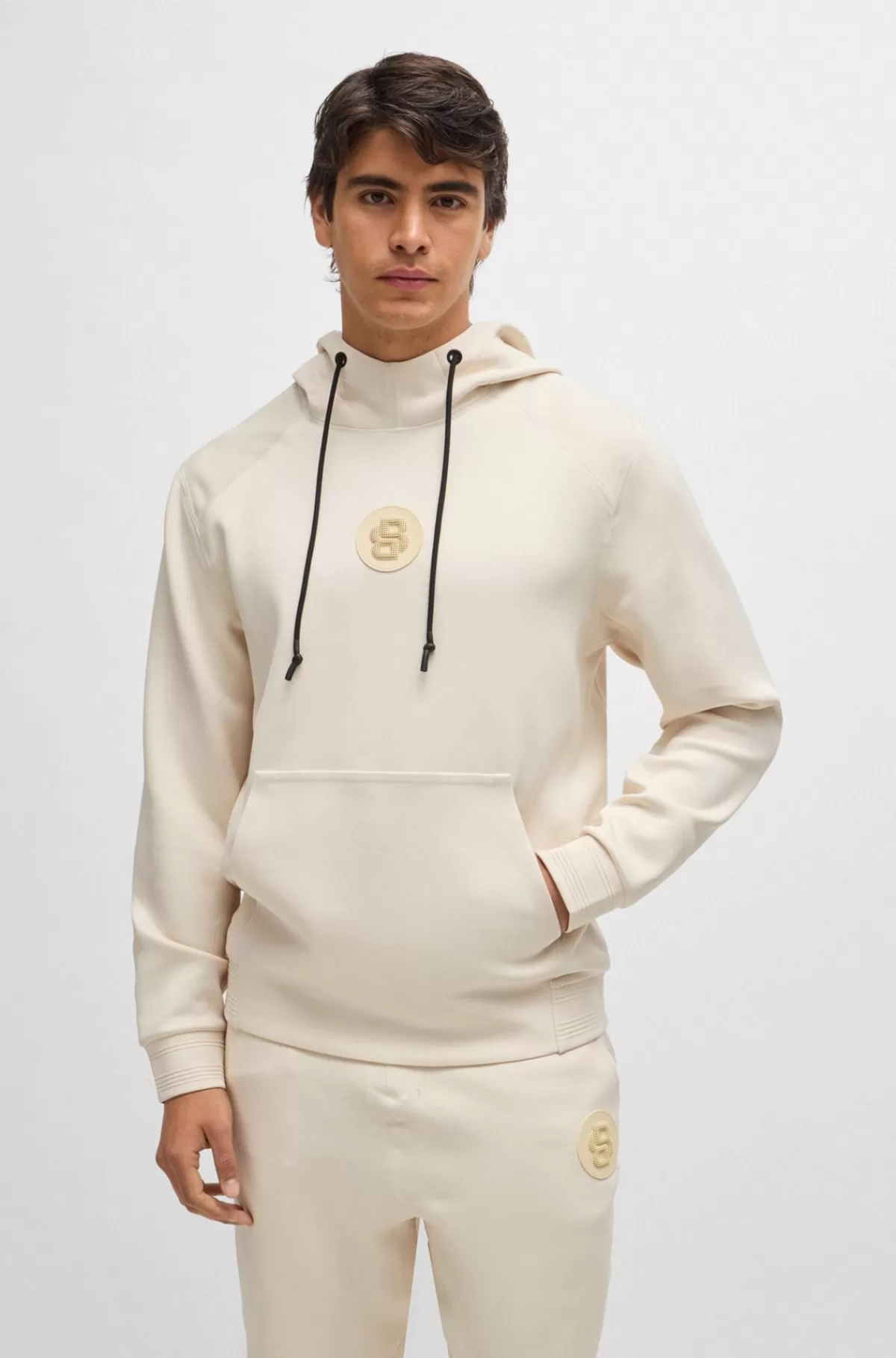 HUGO BOSS Hættetrøje Med Regular Fit Og Badge Med Dobbeltmonogram Naturlig Discount