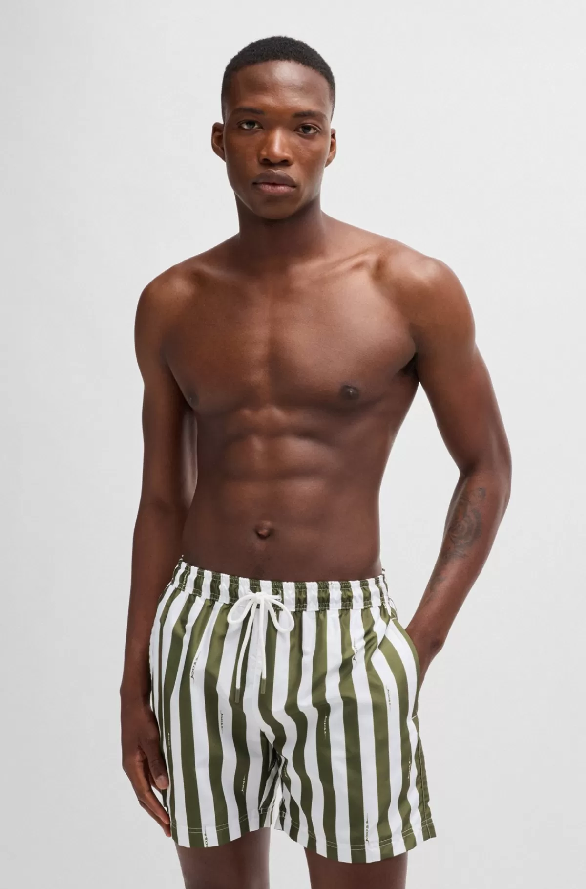 HUGO BOSS Hurtigtørrende Badeshorts Med Striber Og Håndskrevne Logoer Grøn Shop