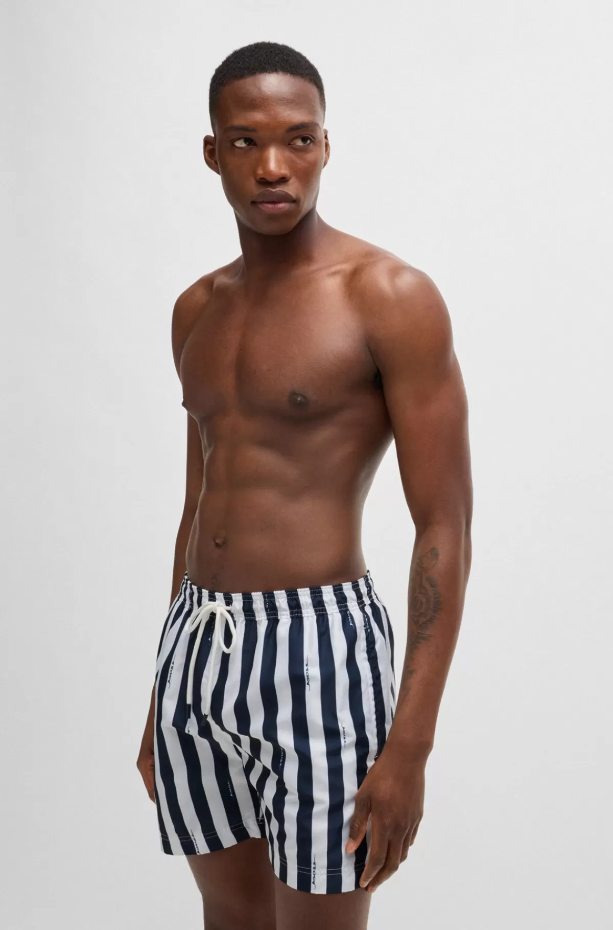 HUGO BOSS Hurtigtørrende Badeshorts Med Striber Og Håndskrevne Logoer Mørkeblå Online