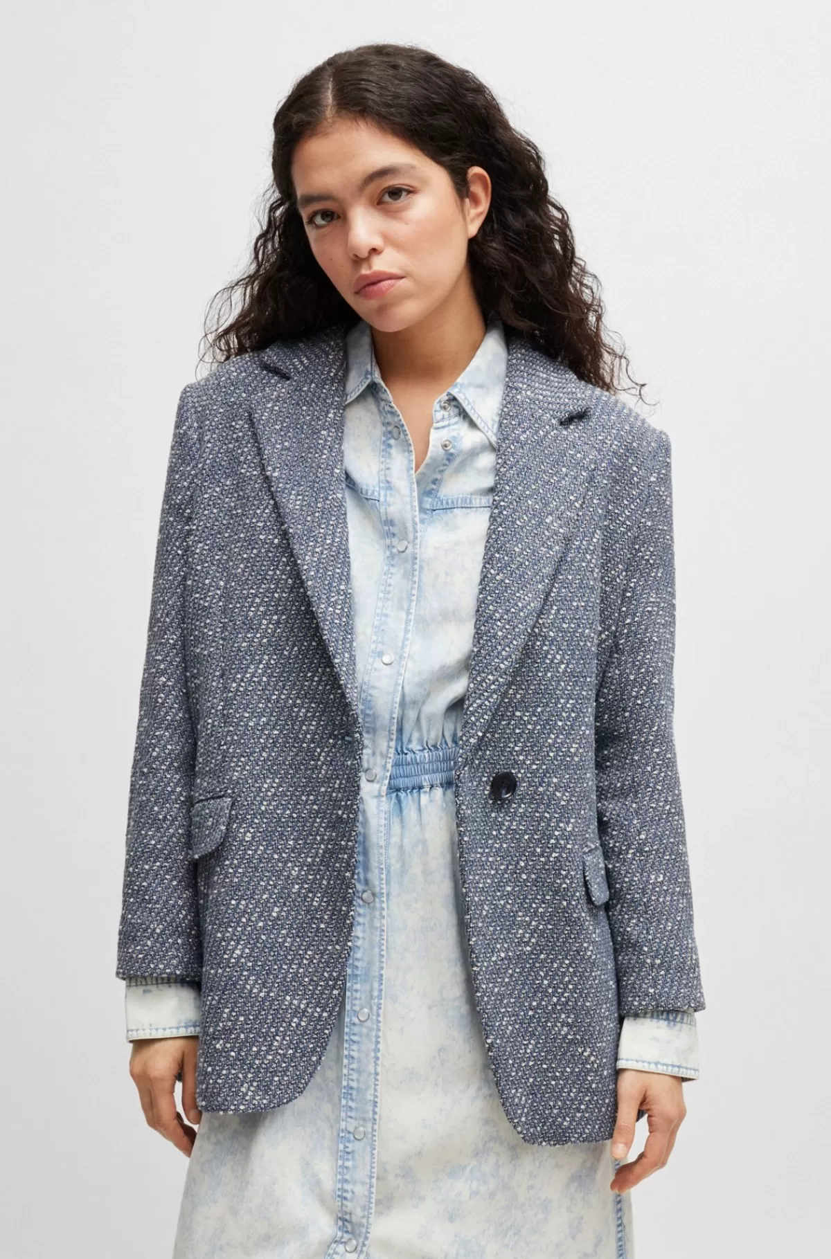 HUGO BOSS Jakke Med Enkelt Knap I Tweed Med Denimeffekt Blå mønstret Flash Sale