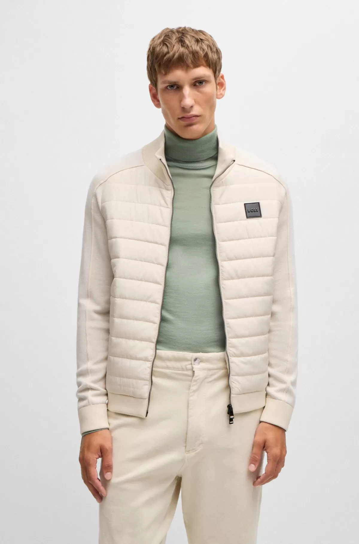 HUGO BOSS Jakke Med Lynlås I Blandede Materialer Med Logobadge Naturlig Online