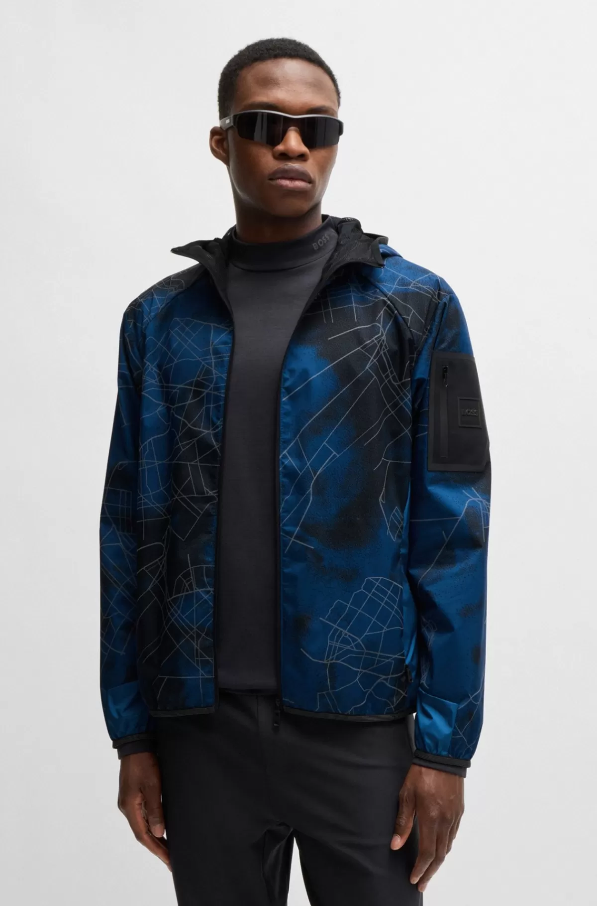 HUGO BOSS Jakke Med Lynlås Og Print, Der Matcher Sæsonen Mørkeblå Clearance