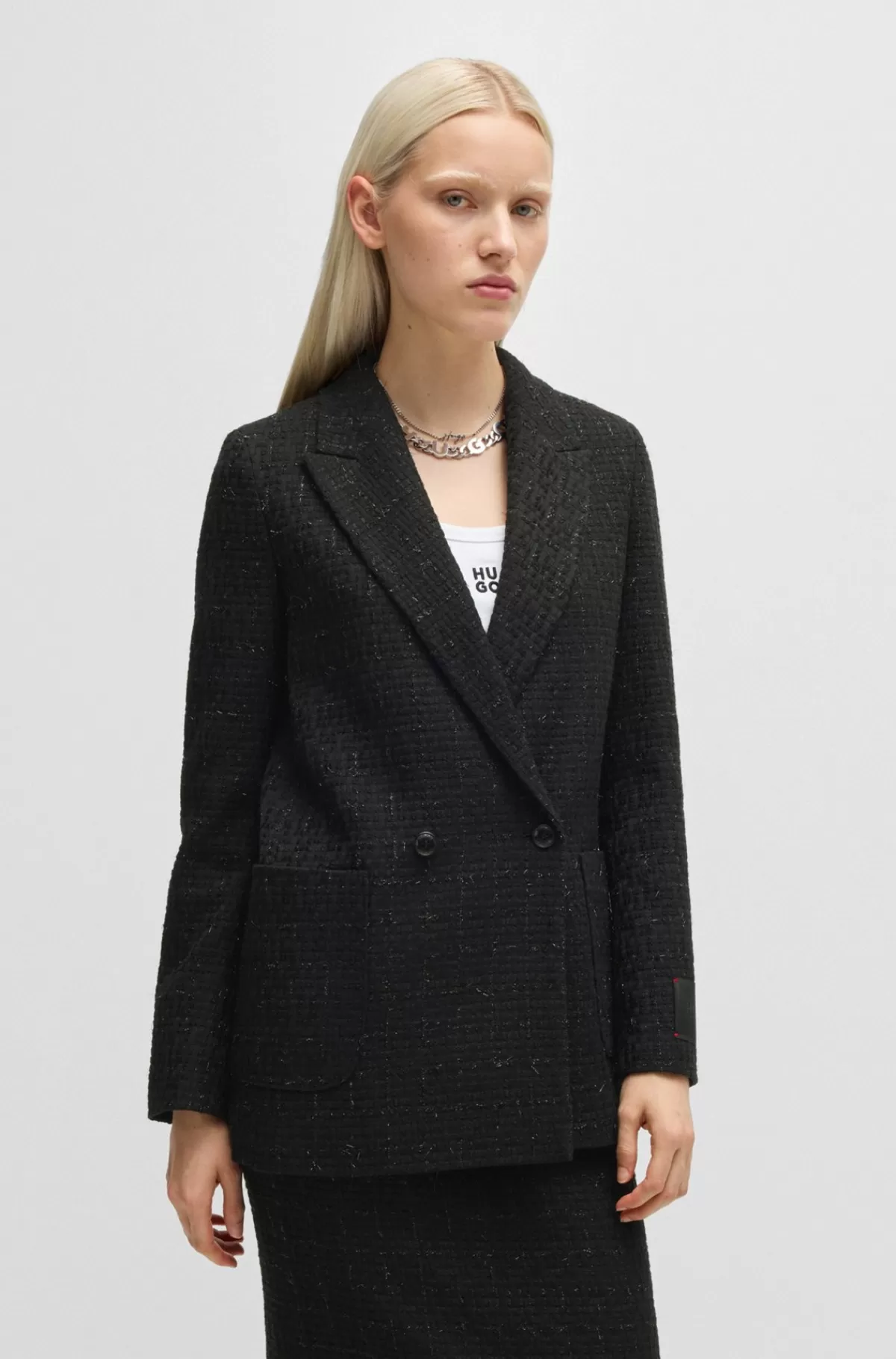 HUGO BOSS Jakke Med Relaxed Fit I Bouclé Med Glimtende Effekt Sort mønstret Outlet