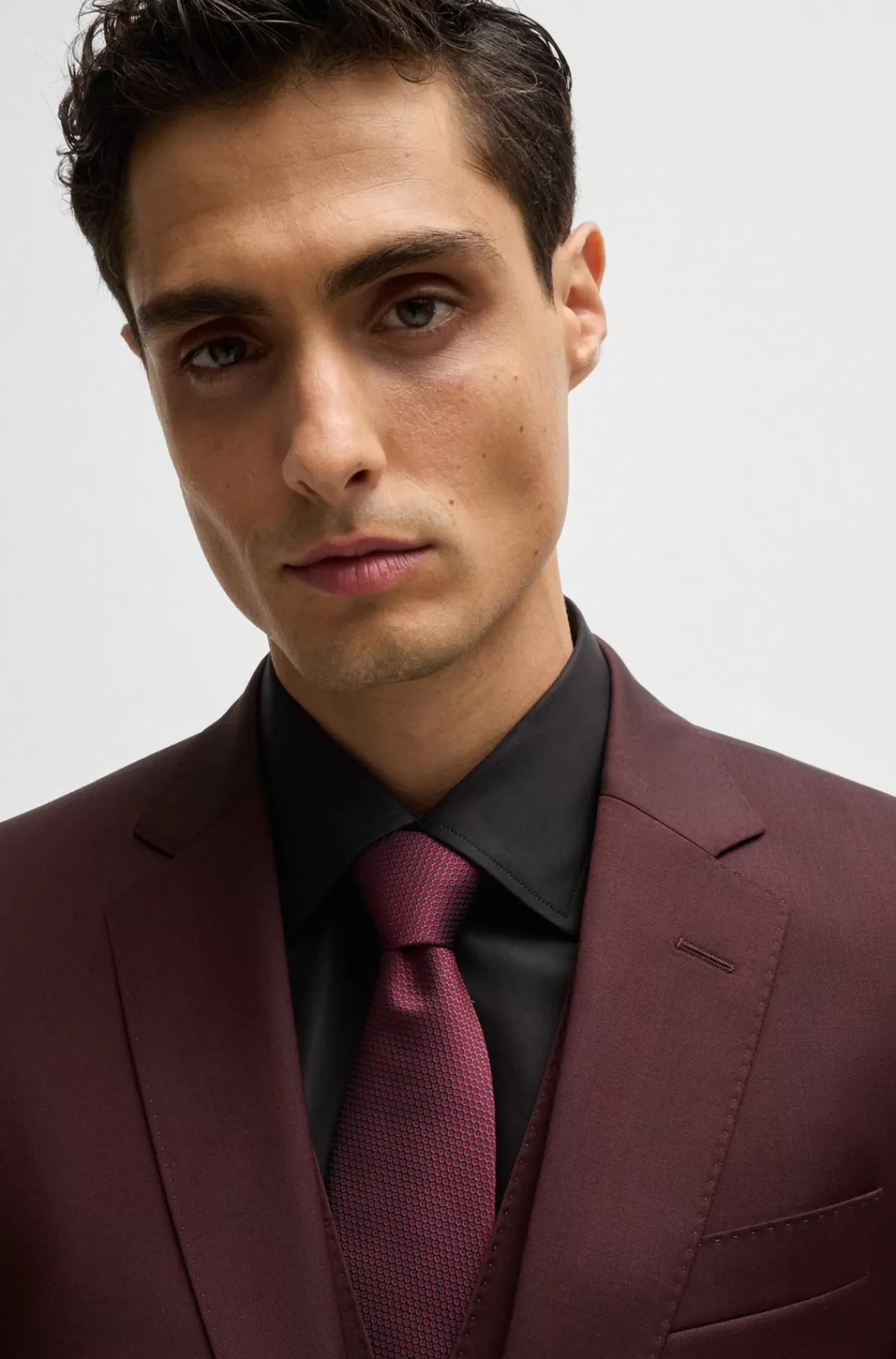 HUGO BOSS Jakkesæt I Meleret Uld Med Stræk Og Slim Fit Mørkerød Discount