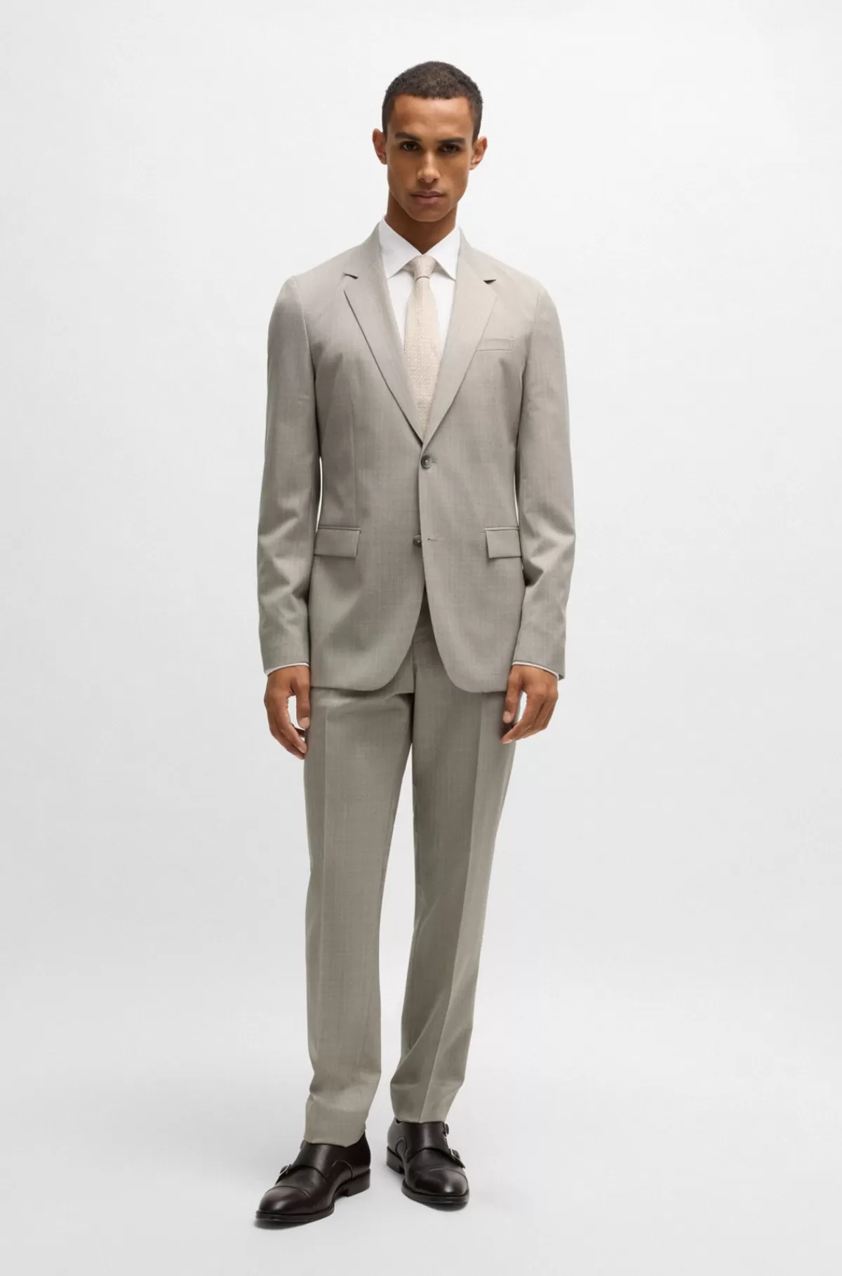 HUGO BOSS Jakkesæt Med Slim Fit I Nålestribet Ny Uld Beige mønstret Clearance