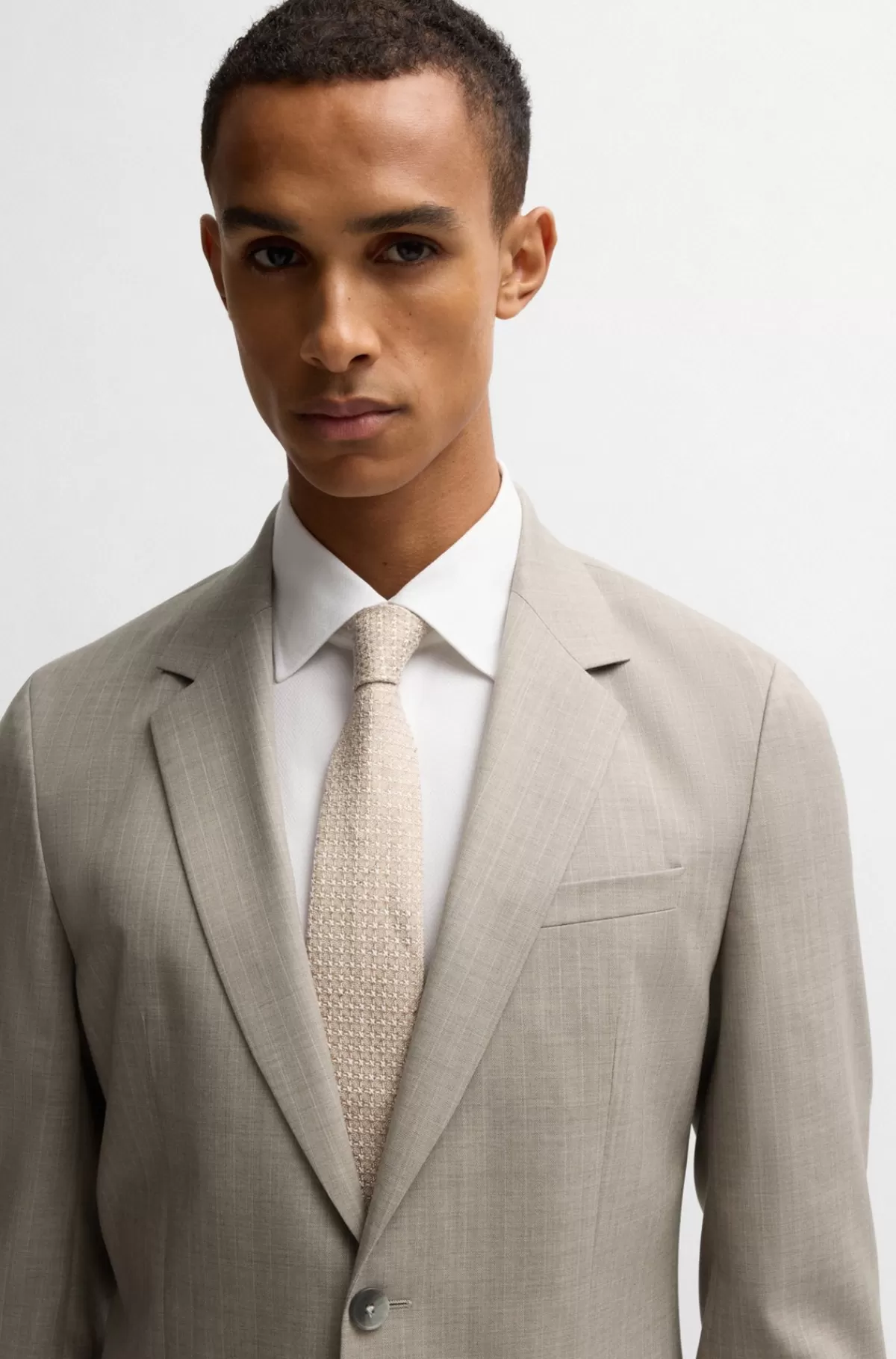 HUGO BOSS Jakkesæt Med Slim Fit I Nålestribet Ny Uld Beige mønstret Clearance