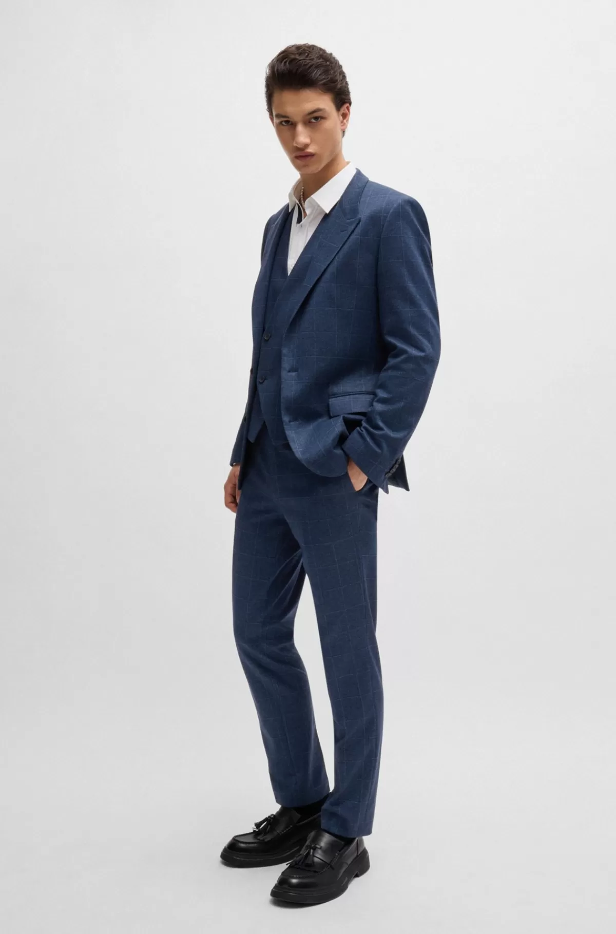 HUGO BOSS Jakkesæt Med Slim Fit I Ternet Jersey Blå mønstret Flash Sale