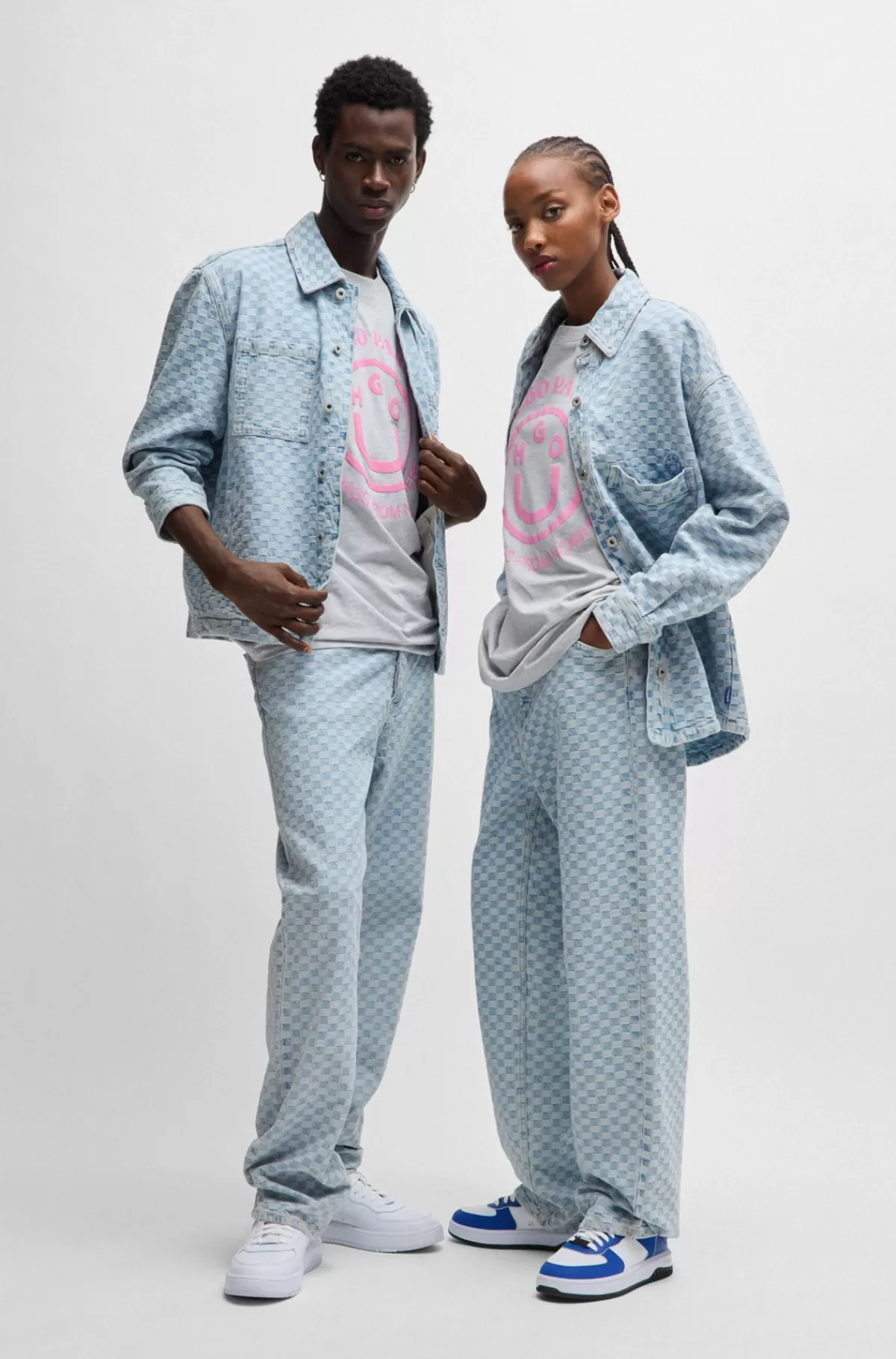 HUGO BOSS Jeans Med Baggy Fit I Skakternet Denim Lyseblå Store