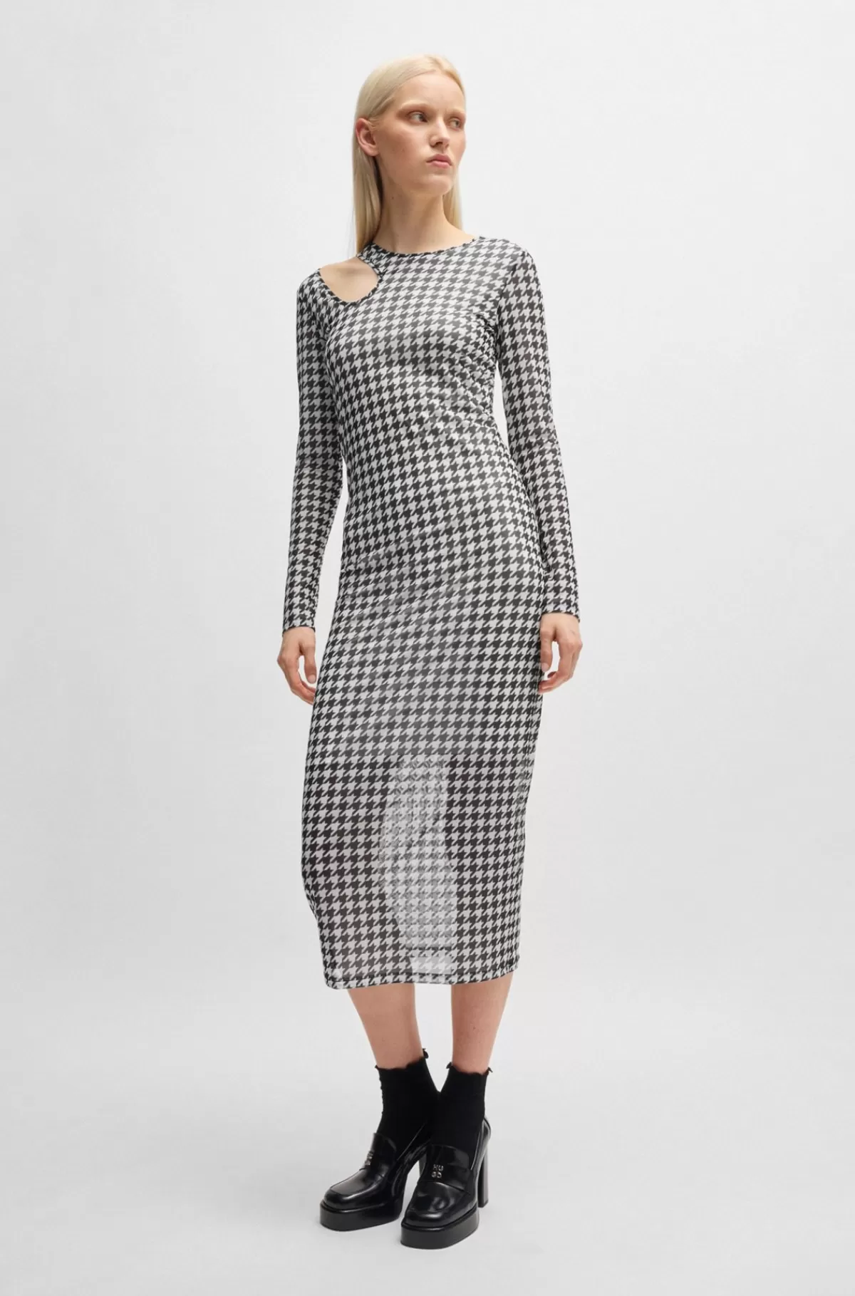 HUGO BOSS Kjole I Mesh Med Print Og Udskæring Ved Halsen Hvid/sort Best Sale