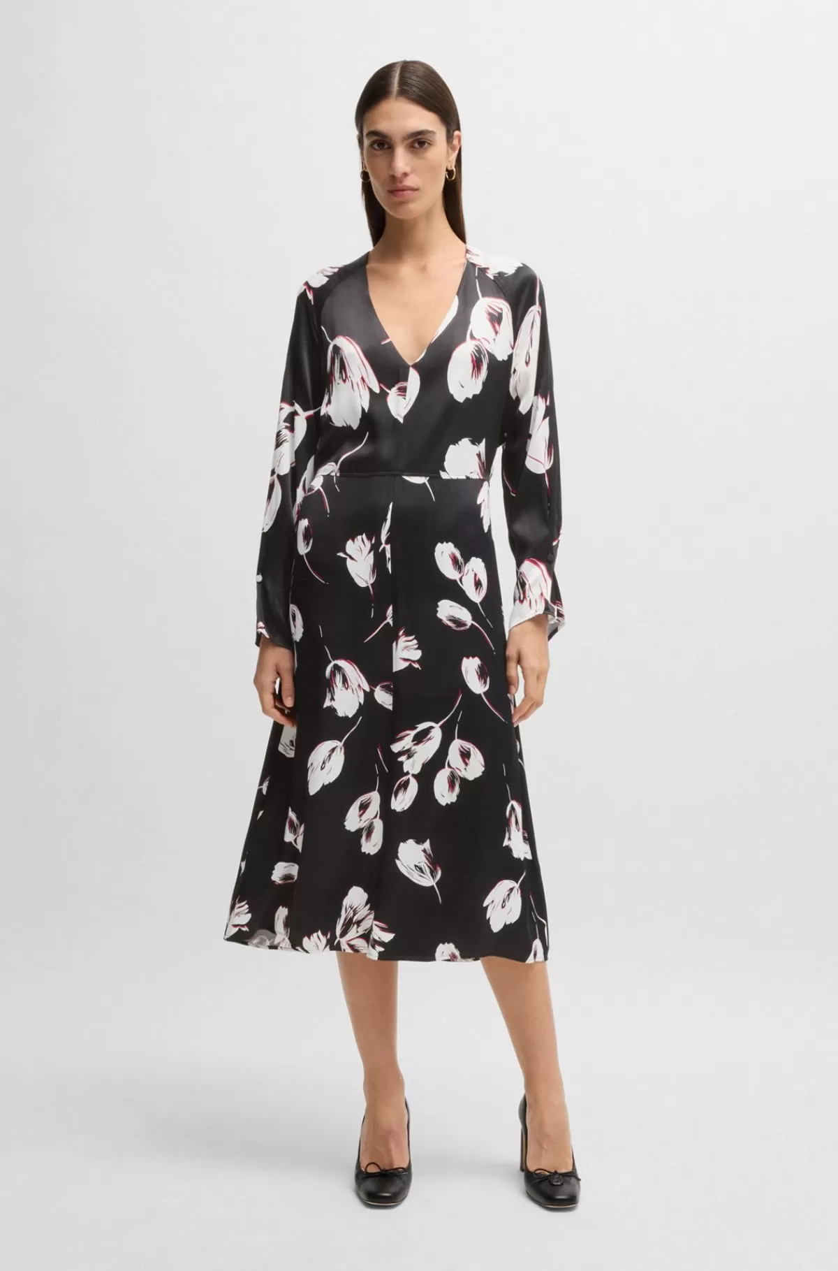 HUGO BOSS Kjole I Satin Med V-hals Og Tulipanprint Sort mønstret Discount