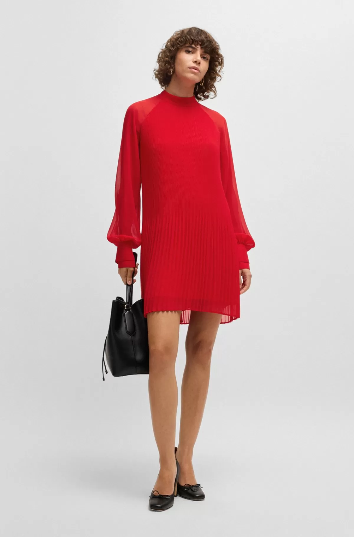 HUGO BOSS Kjole Med Høj Hals Og Plisseringer Samt Transparente ærmer Rød Fashion