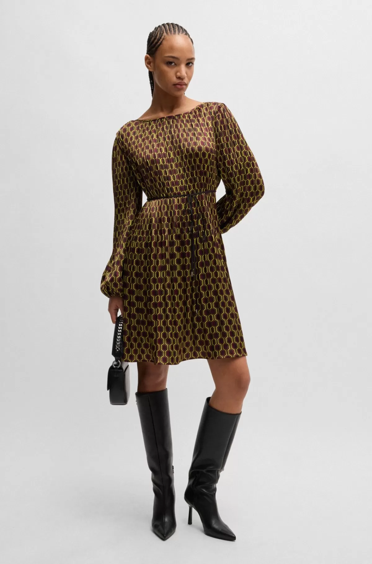HUGO BOSS Kjole Med Plisserede Læg Og Geometrisk Print Brun mønstret Fashion
