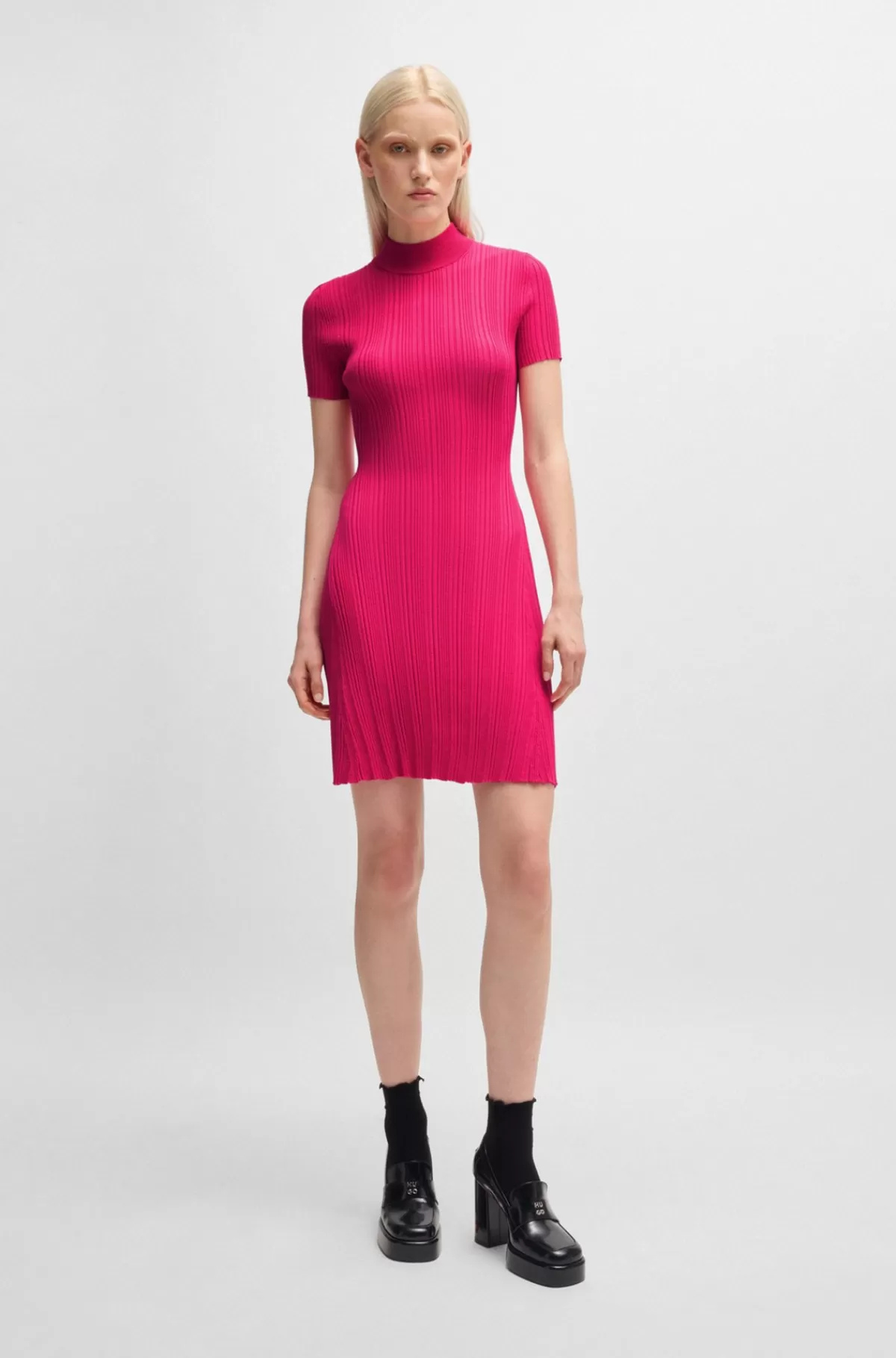 HUGO BOSS Kjole Med Slim Fit I Crepe Med Uregelmæssig Ribstruktur Pink Hot