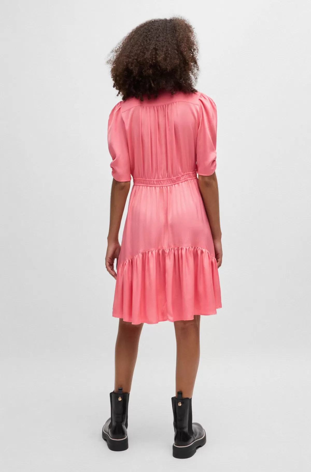 HUGO BOSS Kjole Med V-hals I Satin Med Struktur Og Flæsekant Pink Fashion