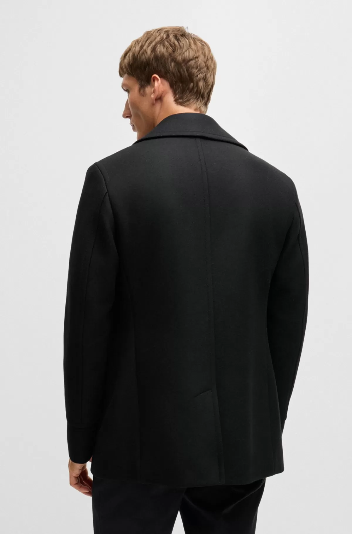 HUGO BOSS Kort Frakke I Uldblanding Med Dobbeltradet Lukning Og Slim Fit Sort Cheap