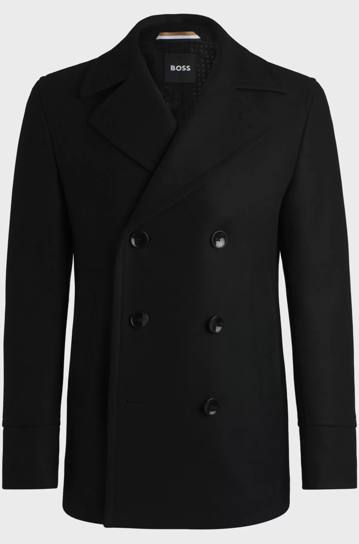 HUGO BOSS Kort Frakke I Uldblanding Med Dobbeltradet Lukning Og Slim Fit Sort Cheap