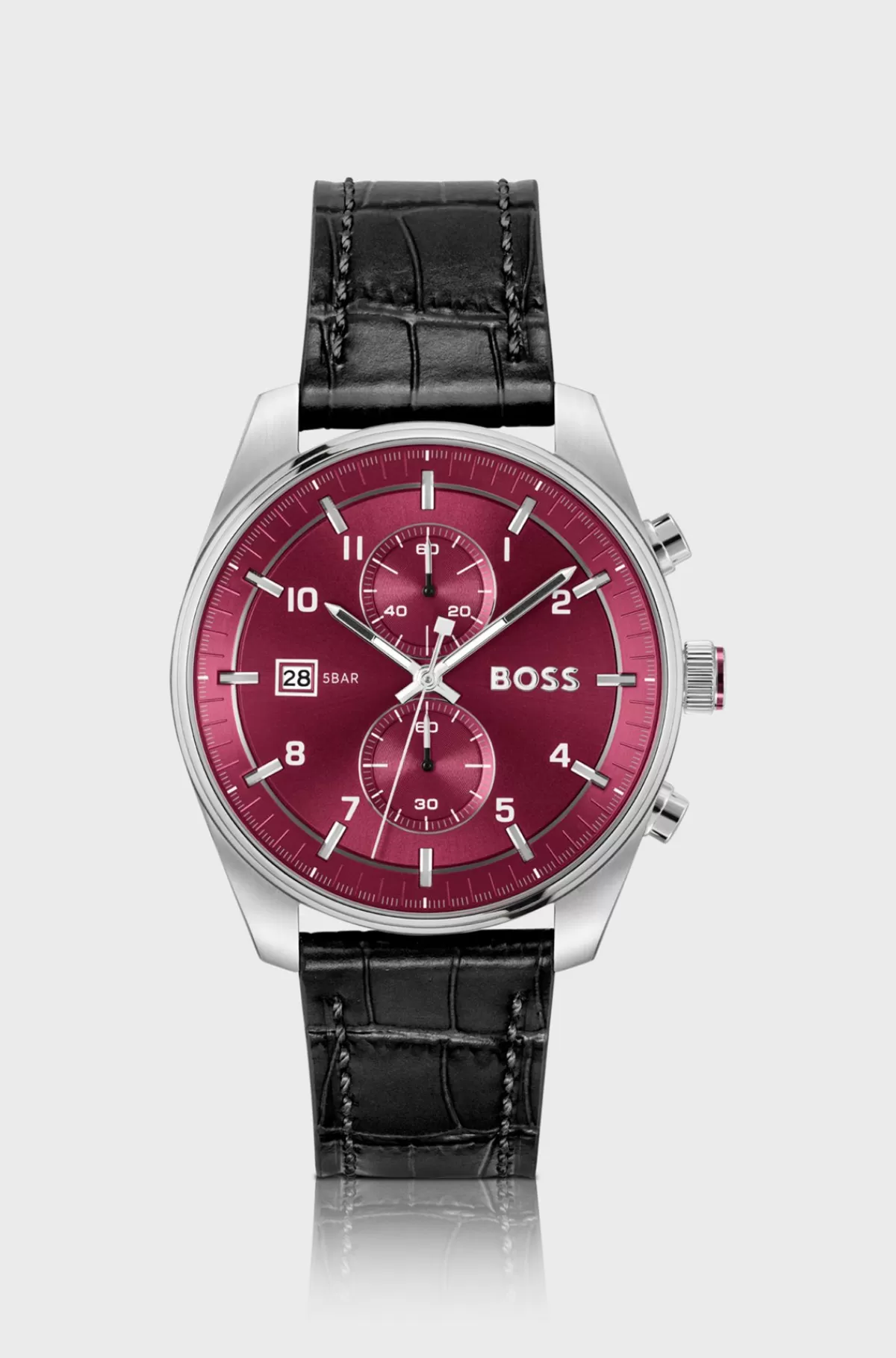 HUGO BOSS Kronografur I Sølvnuancer Og Læderrem Med Alligatorlook Rød New