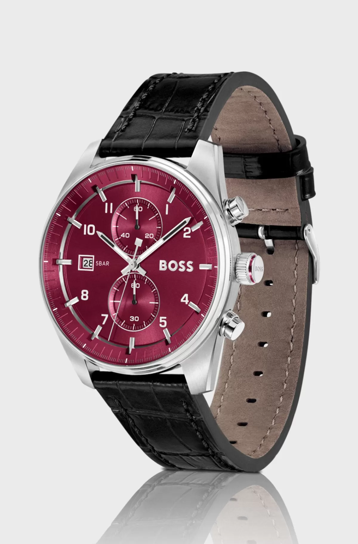 HUGO BOSS Kronografur I Sølvnuancer Og Læderrem Med Alligatorlook Rød New