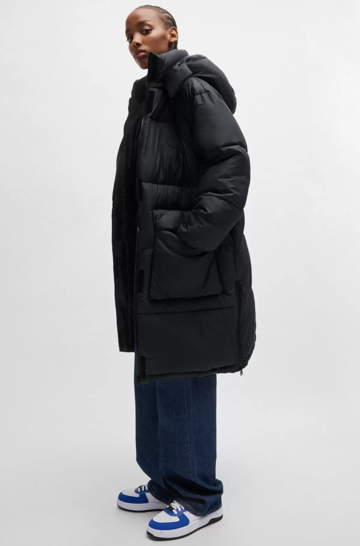 HUGO BOSS Lang Dynejakke Med Aftagelig Hætte Sort Best Sale