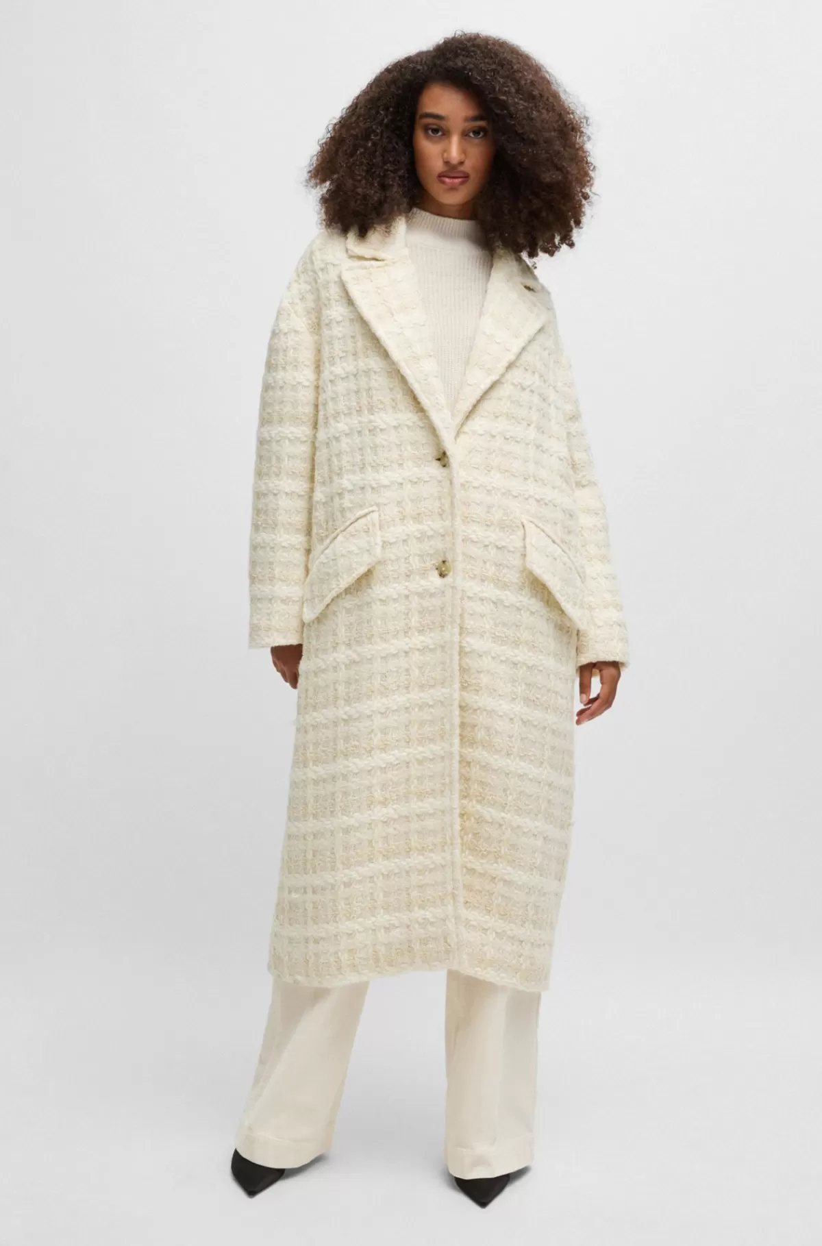 HUGO BOSS Lang Tweedfrakke I Blazerstil Naturlig Discount