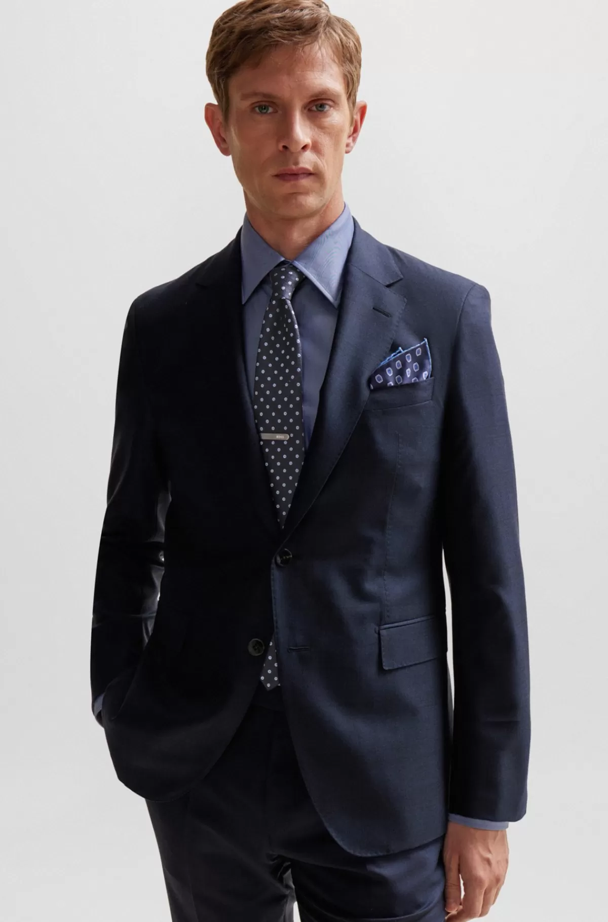 HUGO BOSS Lommetørklæde I Silke Med Print Og Kant Mørkeblå Discount