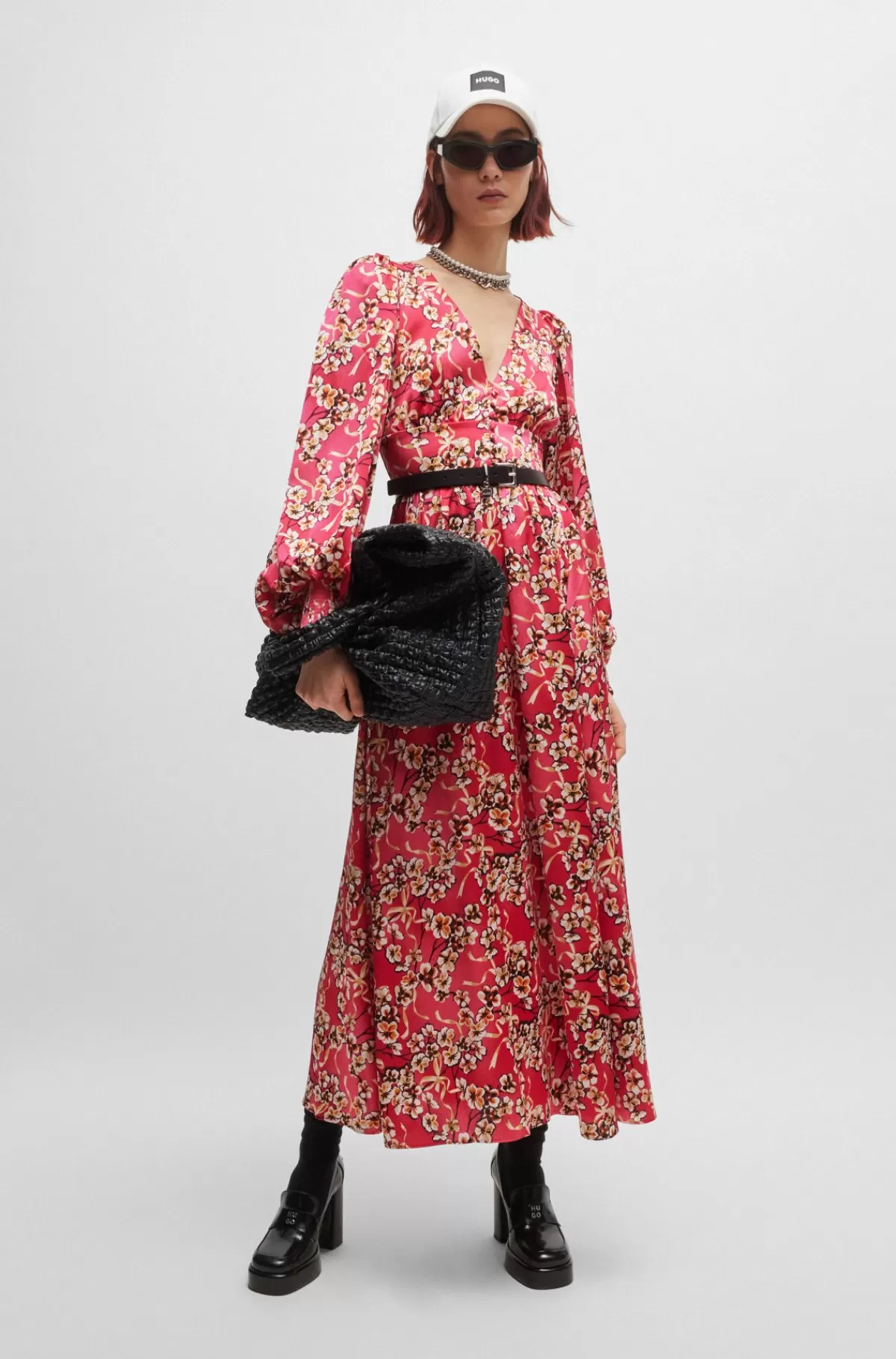 HUGO BOSS Maxikjole Med Blomsterprint Og Knapper Rød mønstret Hot