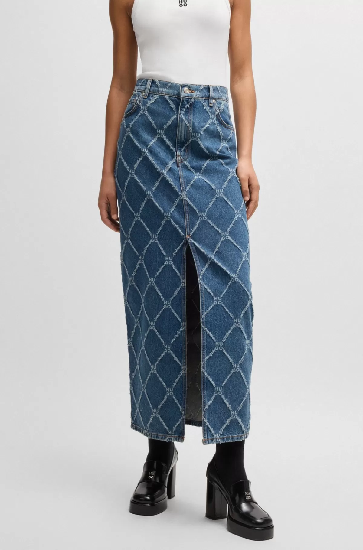 HUGO BOSS Maxinederdel I Kraftig Denim Med Logomønster Blå mønstret New
