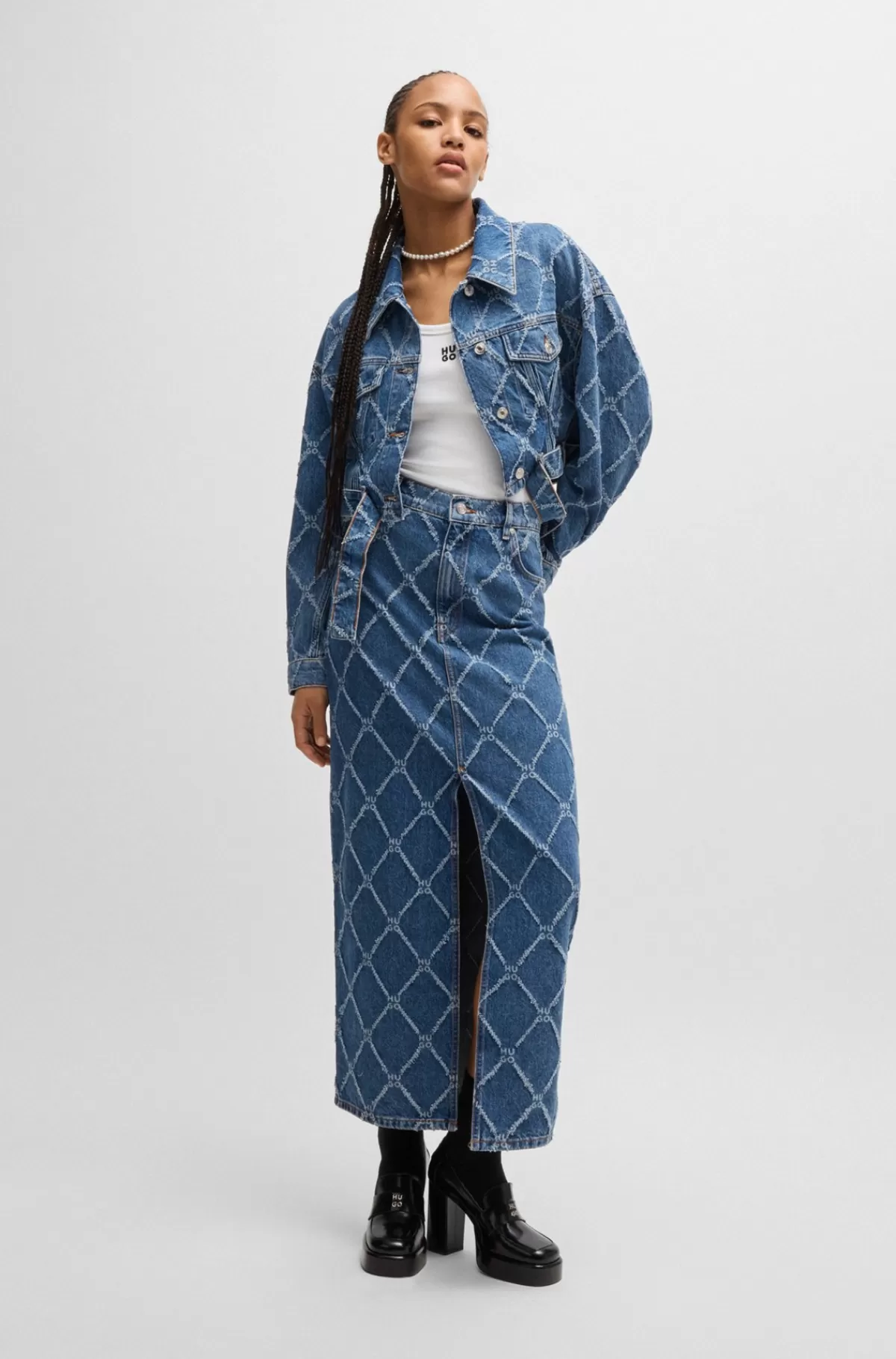 HUGO BOSS Maxinederdel I Kraftig Denim Med Logomønster Blå mønstret New