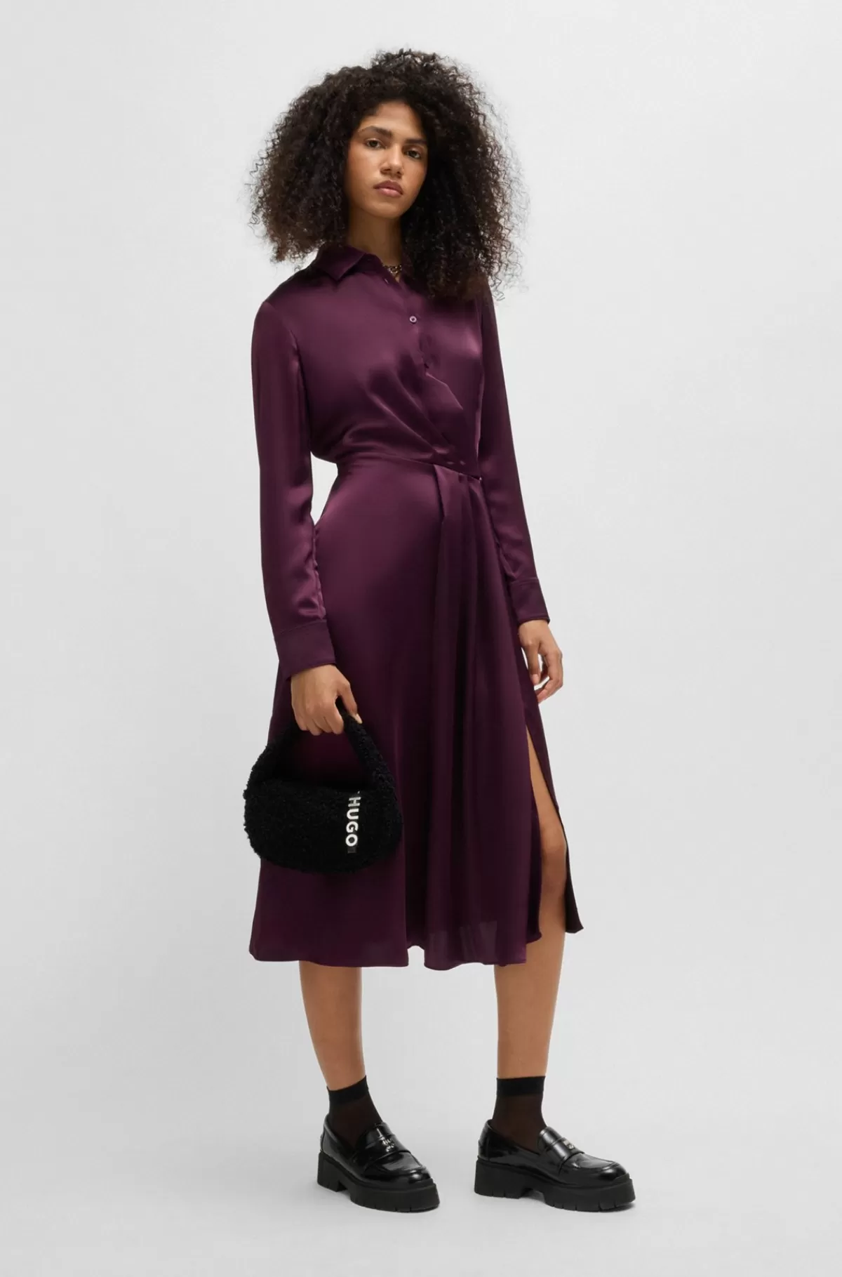 HUGO BOSS Midikjole I Satin Med Drapering Mørklilla Outlet