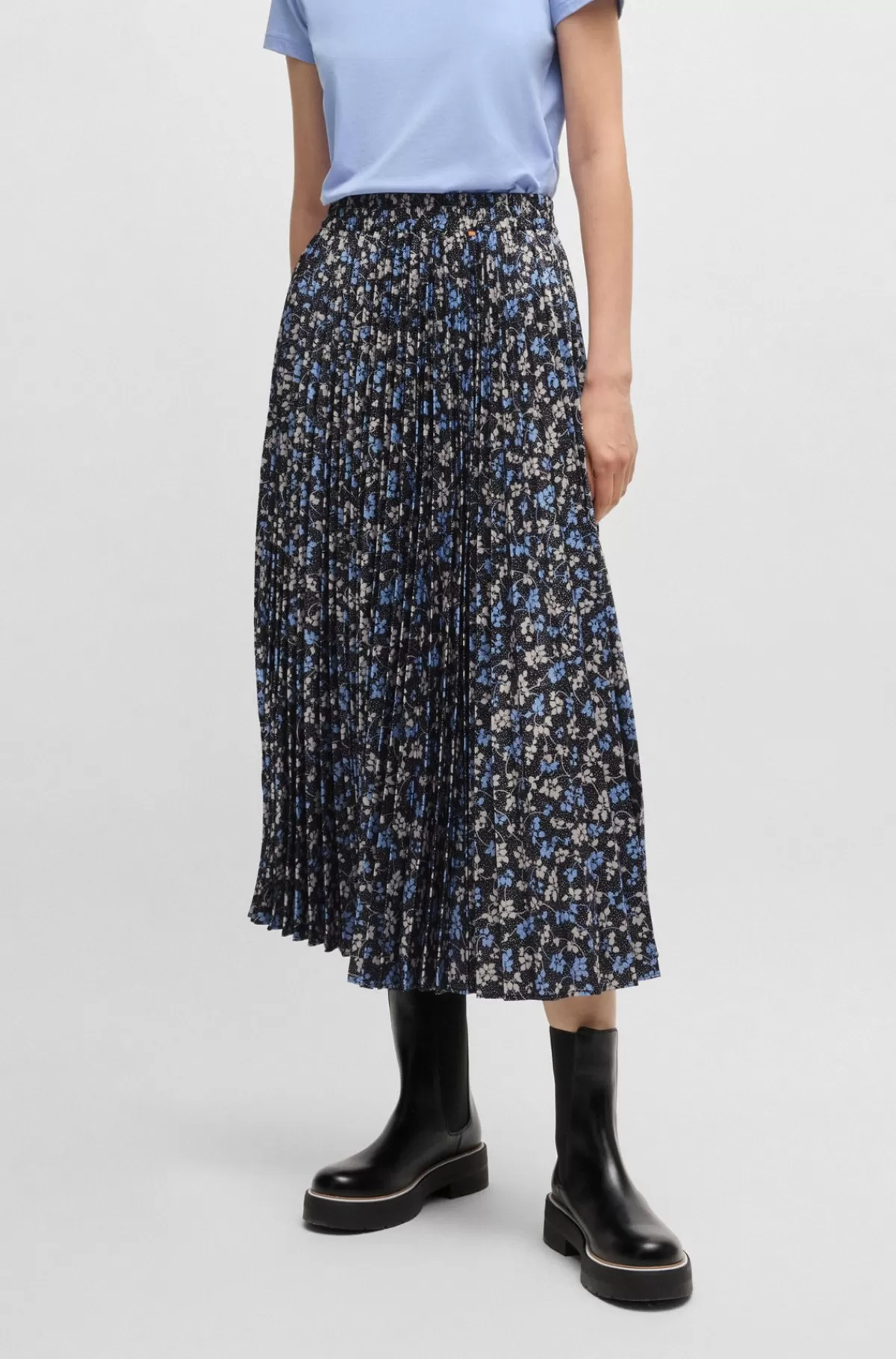 HUGO BOSS Midinederdel I Plisseret Satin Med Print Blå mønstret Cheap