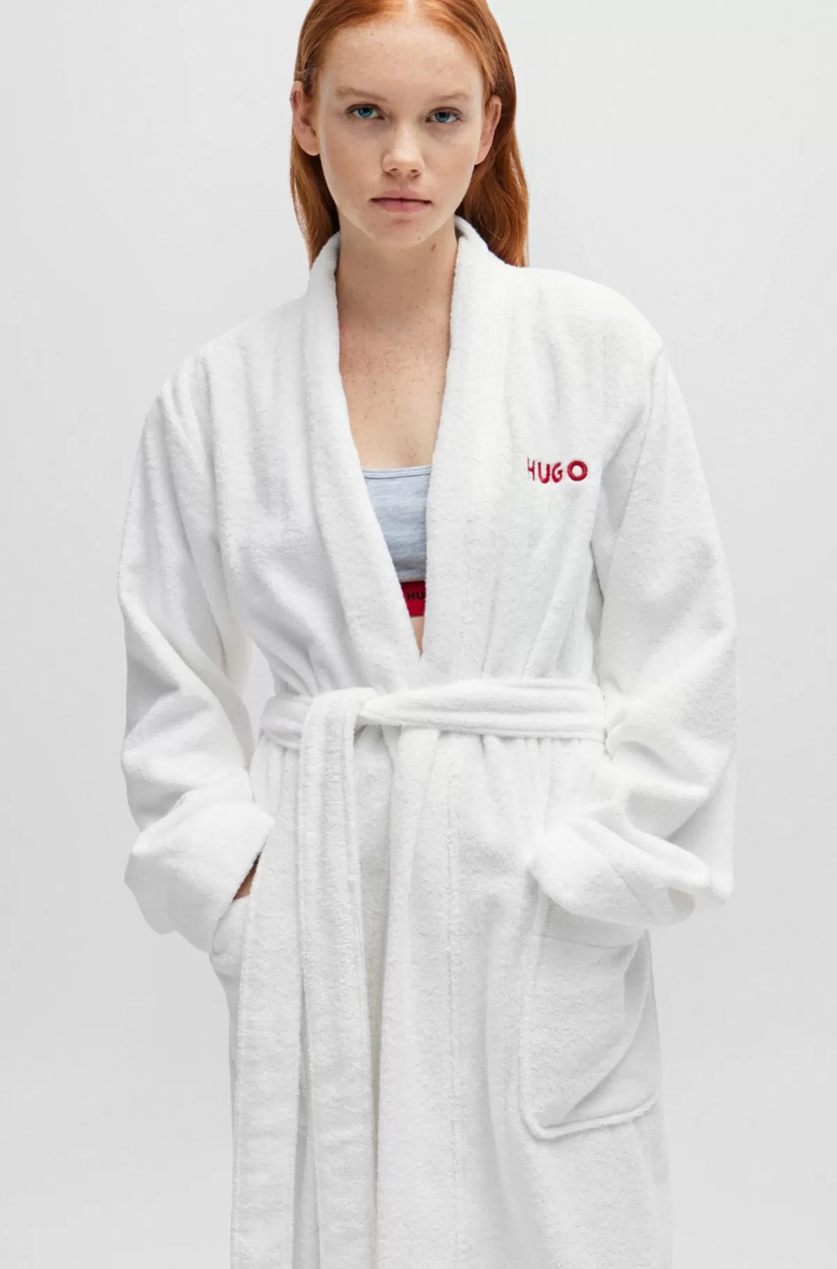 HUGO BOSS Morgenkåbe I Bomuldsfrotté Med Broderet Logo Hvid Hot